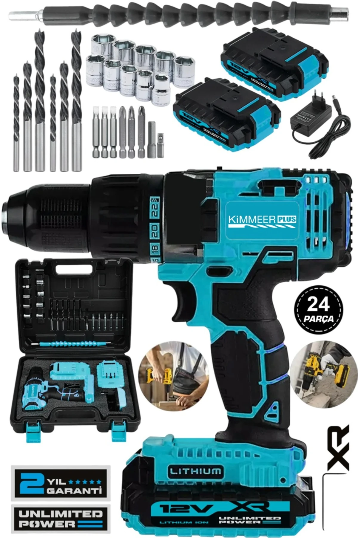 12v 2ah Metal Şanzıman Çift Akülü Bakır Sargı 24 Parça Şarjlı Akülü Vidalama Matkap