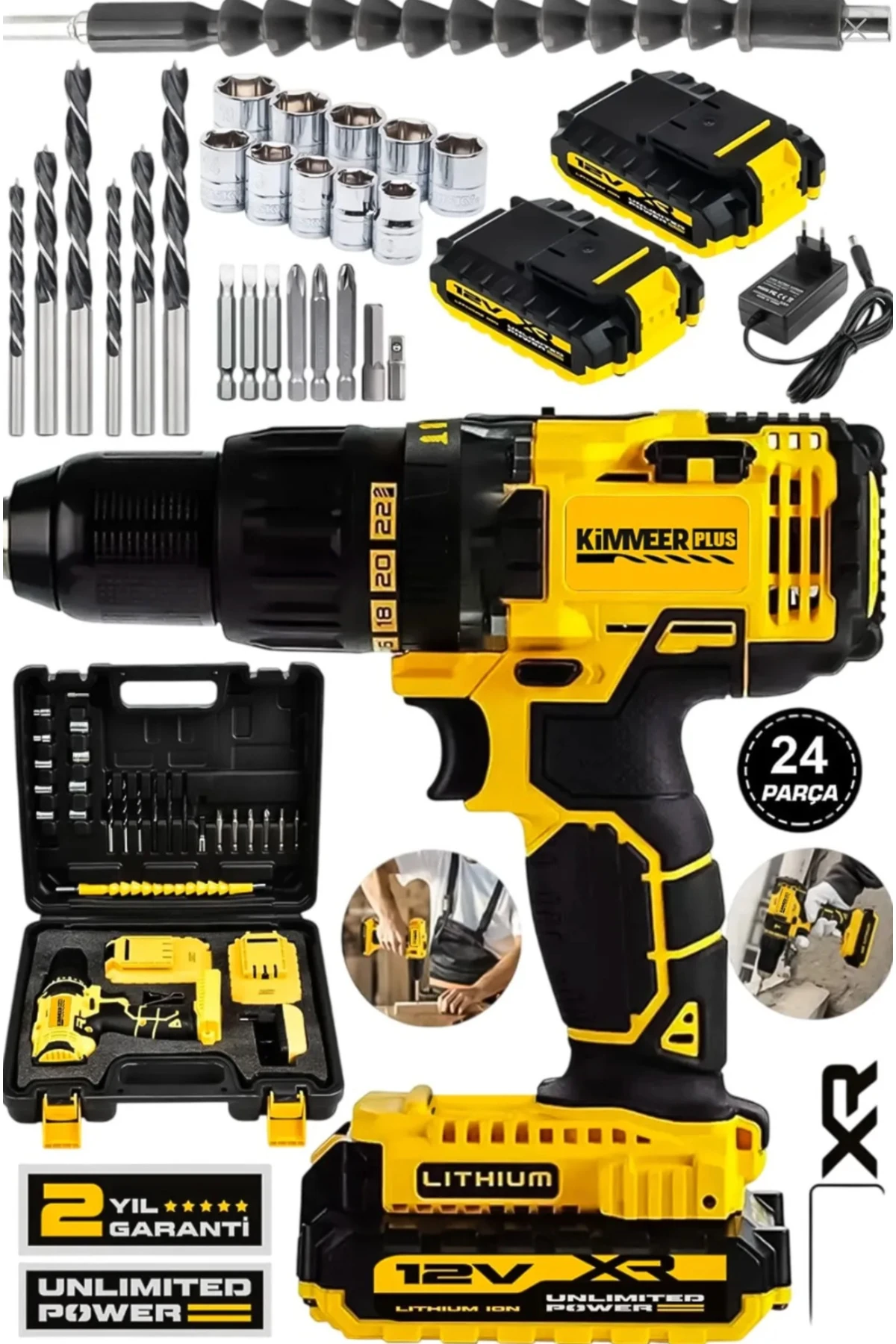 KİMMEER PLUS Profesional 58 Vf Çelik Şanzıman 24 Parça Şarjlı Matkap Set