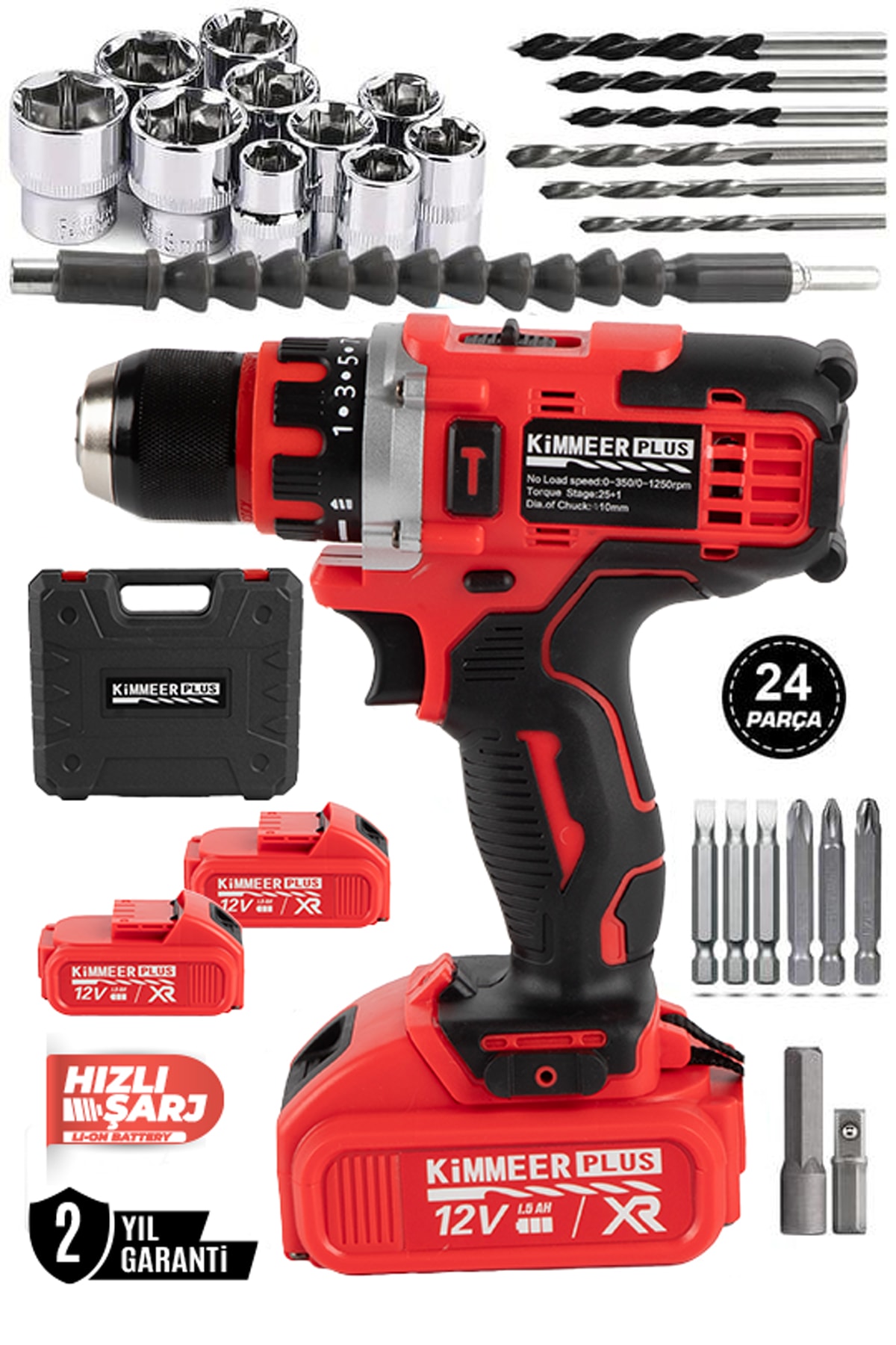 KİMMEER PLUS 12V Metal Şanzıman Darbeli Şarjlı Matkap 24 Parça Akülü Vidalama Akülü Matkap Seti