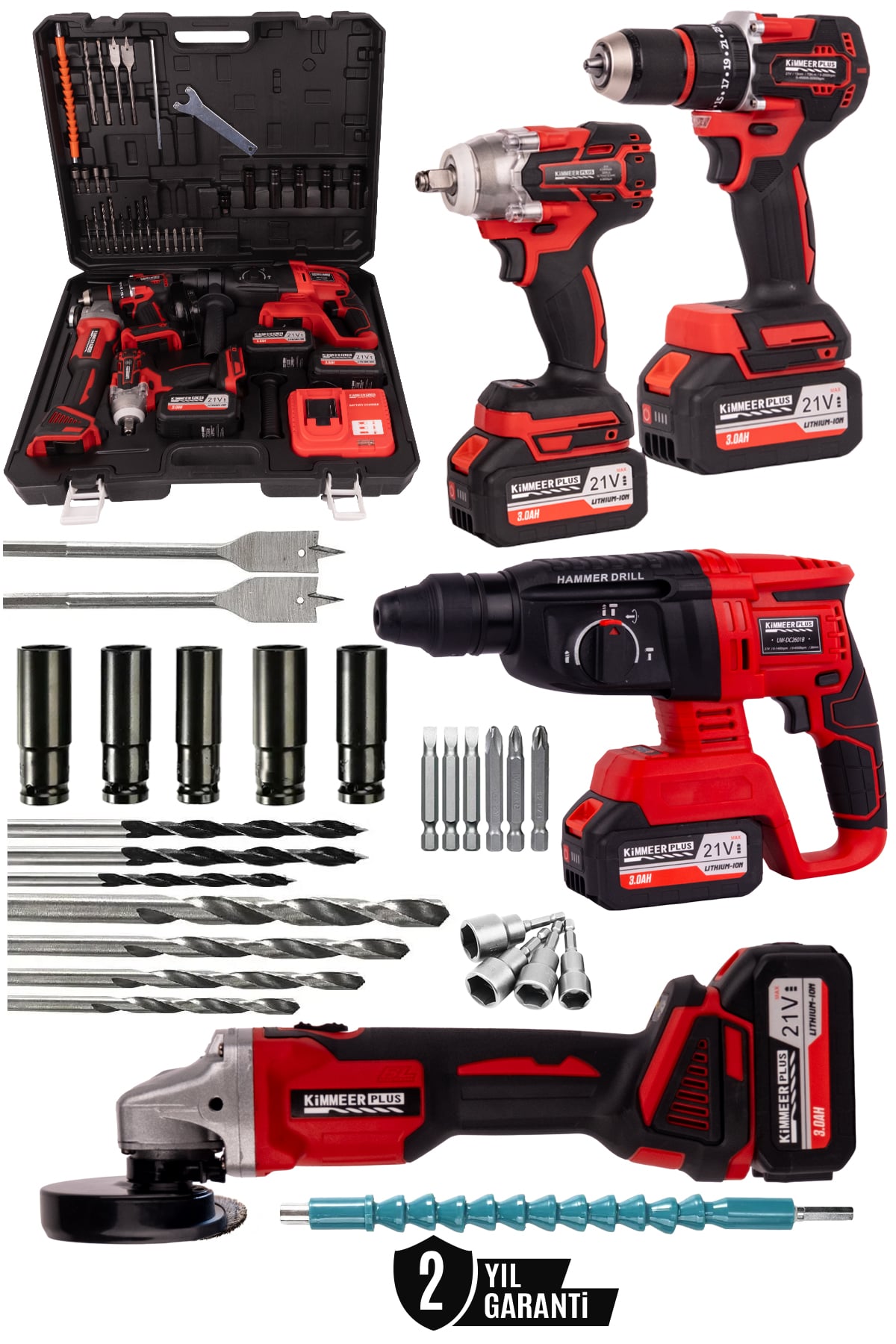 KİMMEER PLUS 4 lü Profesyonel 21V Akülü Vidalama Matkap Kırıcı Delici Hilti Taşlama Somun Sökme 4'lü Set