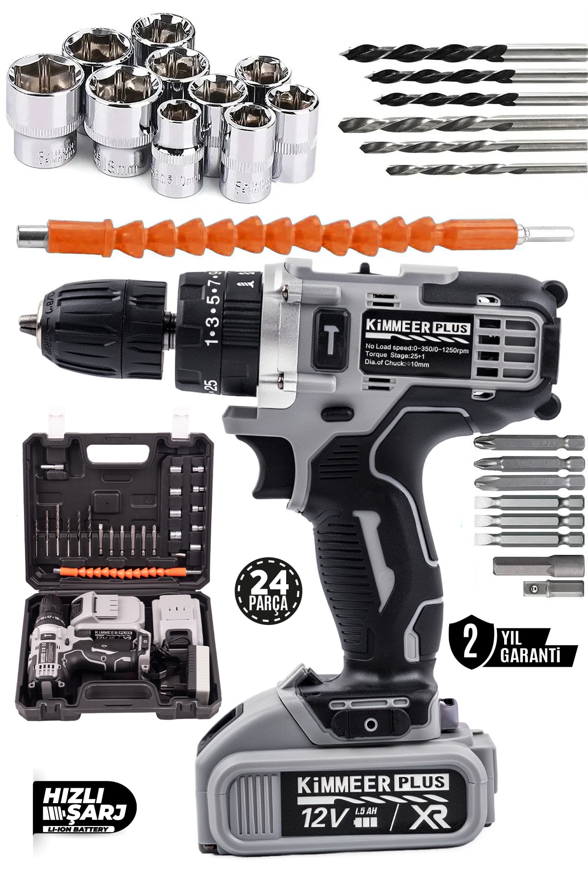 KİMMEER PLUS 12v 1.5 Ah Metal Şanzıman Çift Akülü Şarjlı 24 Parça Akülü Vidalama Matkap
