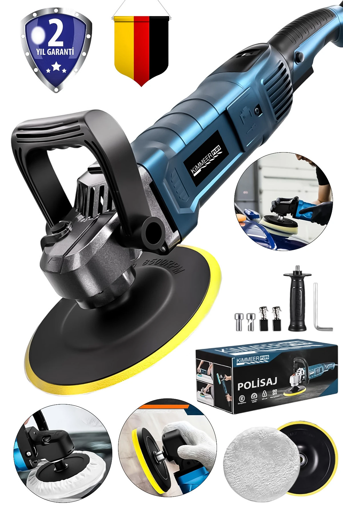 Kimmeer Plus 180 Mm 1800 Watt Devir Ayarlı Polisaj Makinesi 6 Kademeli Pasta Cila Kiti