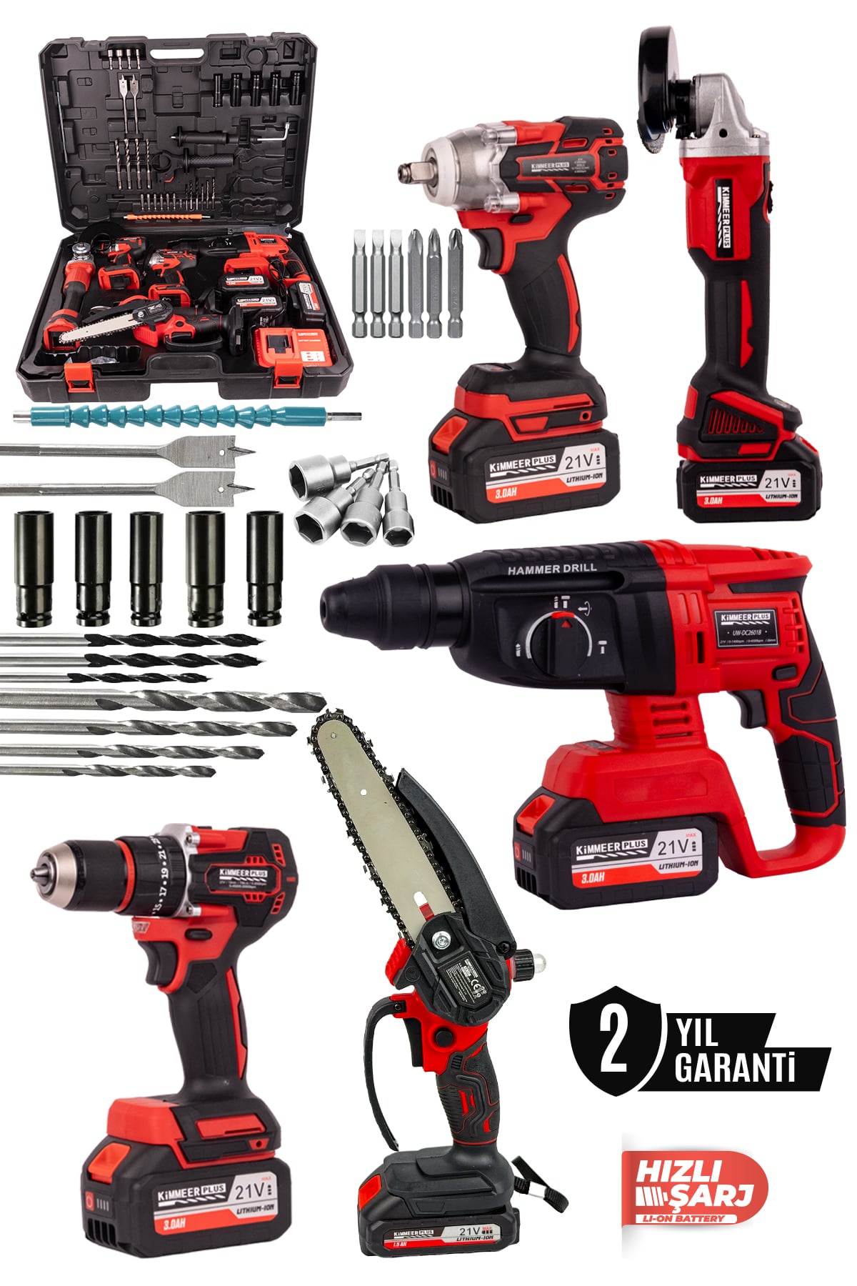 KİMMEER PLUS Profesyonel 21V Matkap Hilti Taşlama Somun Sıkma Testere 6'lı Se
