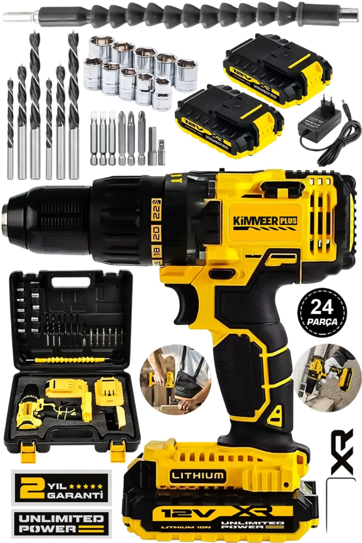 Kimmer Plus 12v 1.5 Ah Metal Şanzıman Çift Akülü Şarjlı 24 Parça Akülü Vidalama Matkap