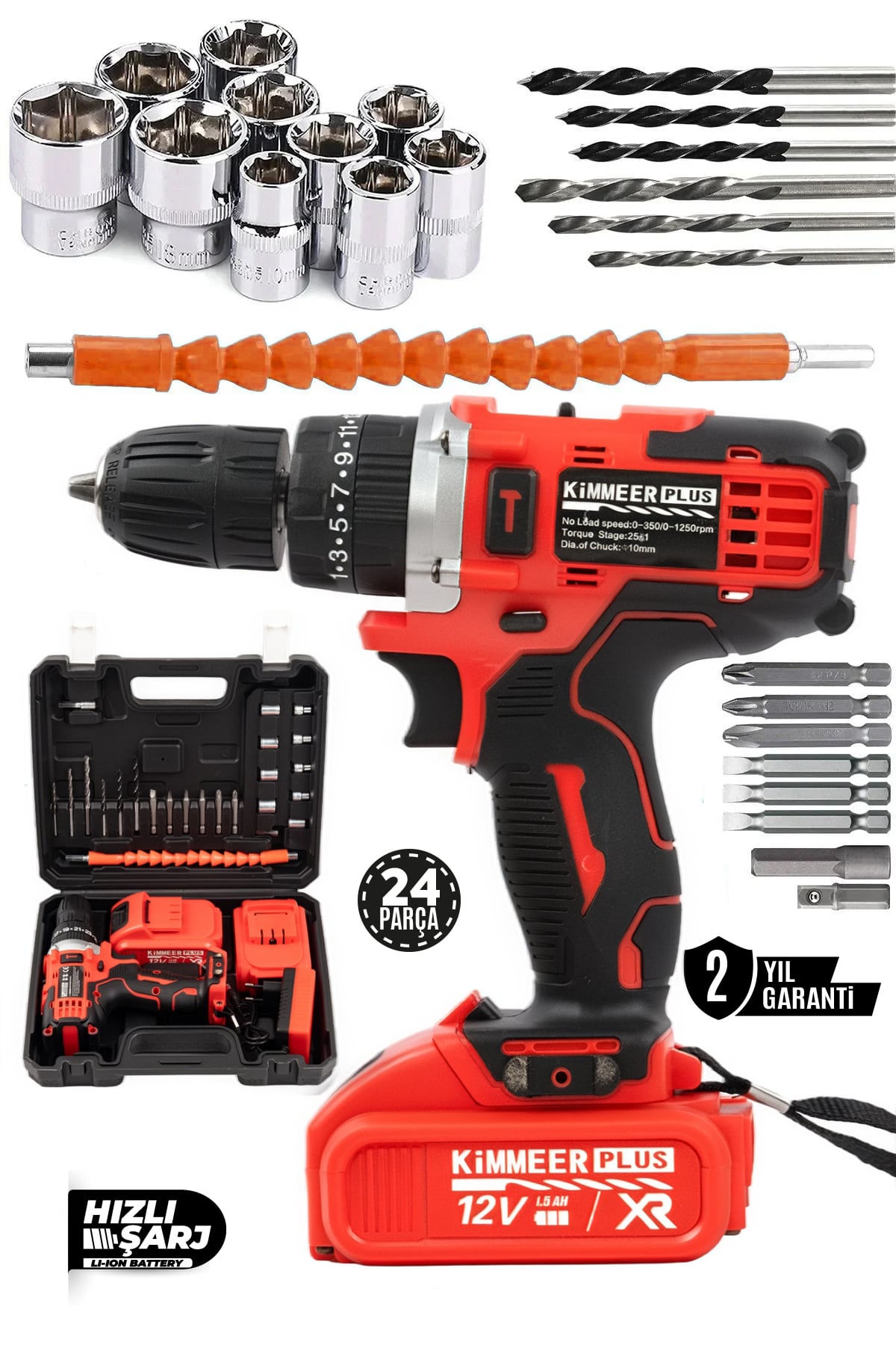 KİMMEER PLUS 12V Metal Şanzıman Darbeli Şarjlı Matkap 24 Parça Akülü Vidalama Akülü Matkap Seti