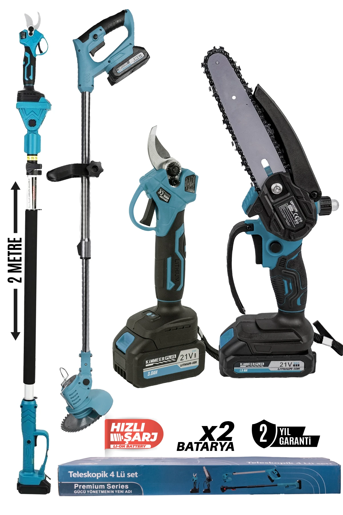 Profesyonel 4'lü set şarjlı makas testere tırpan ve teleskopik uzatma 30cm