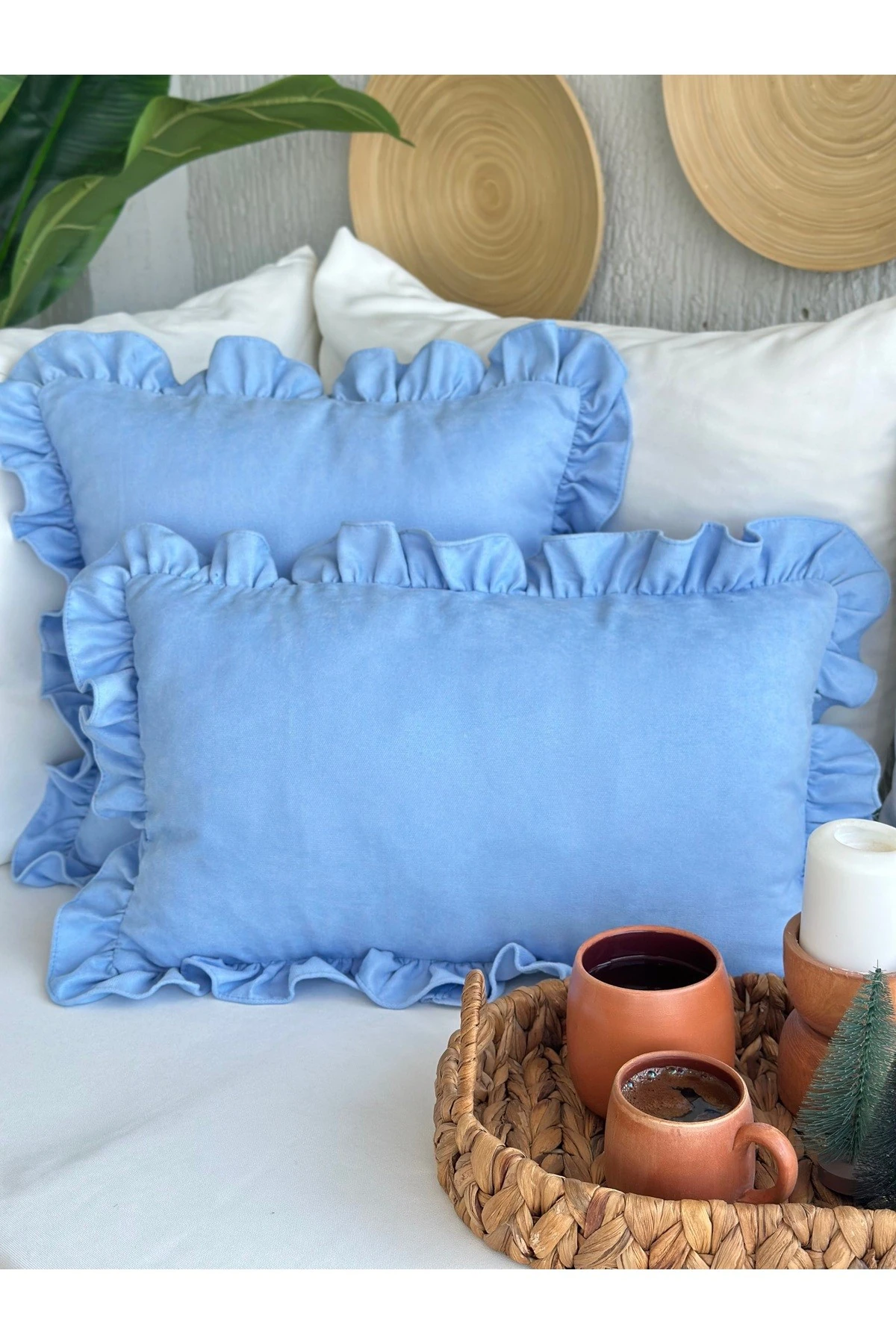 Vıntage Fırfırlı Mavi Kırlent Kılıfı 1 Ad