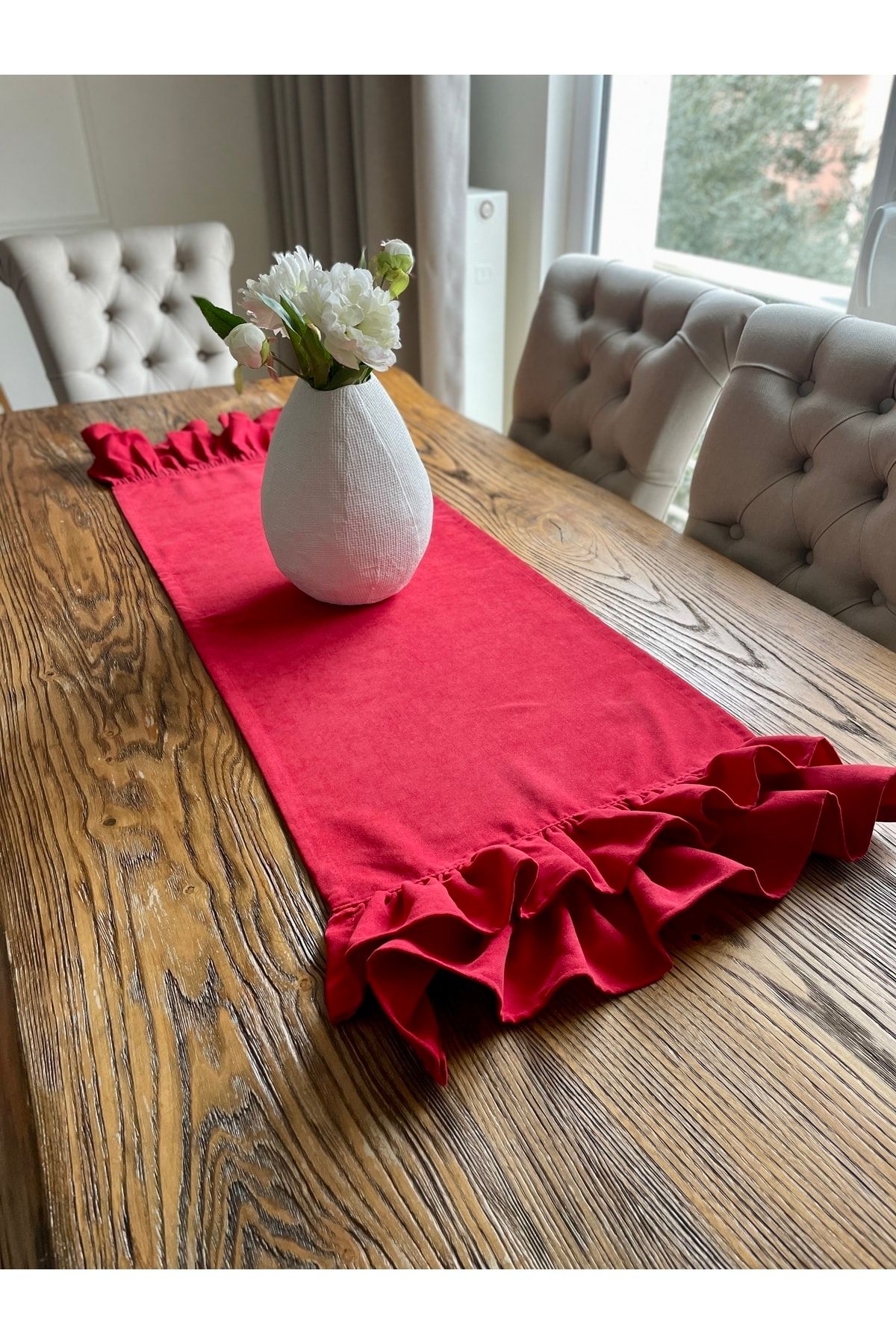 Kadife Dokulu Fırfırlı Kırmızı Runner Yeniyıl Özel Seri