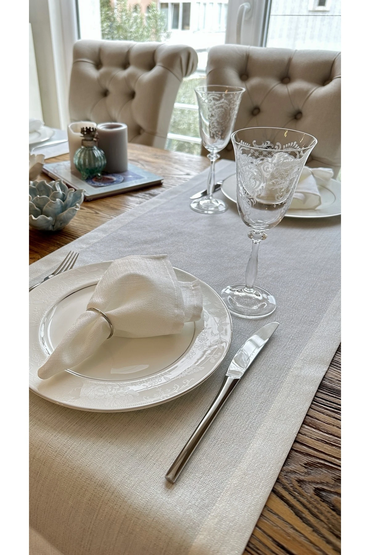 Keten Dokulu Sedef Simli Beyaz Kısa Runner