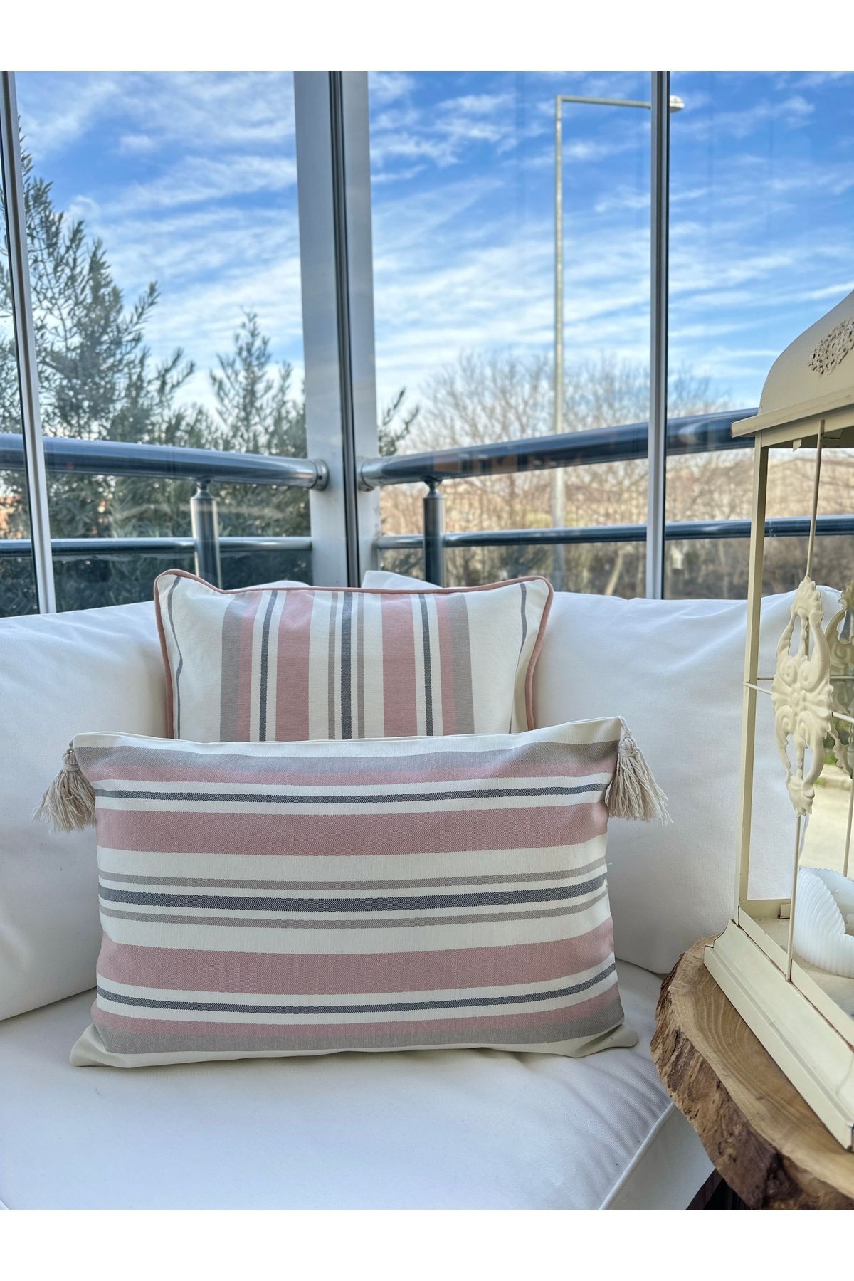 2 ‘li Keten Püskül Detaylı Kırlent Seti Pembe - Ekru