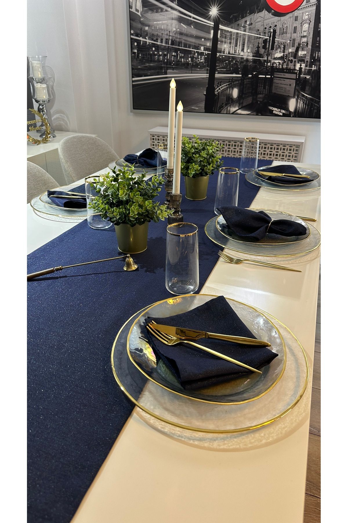 Keten Dokulu Simli Lacivert Uzun Runner