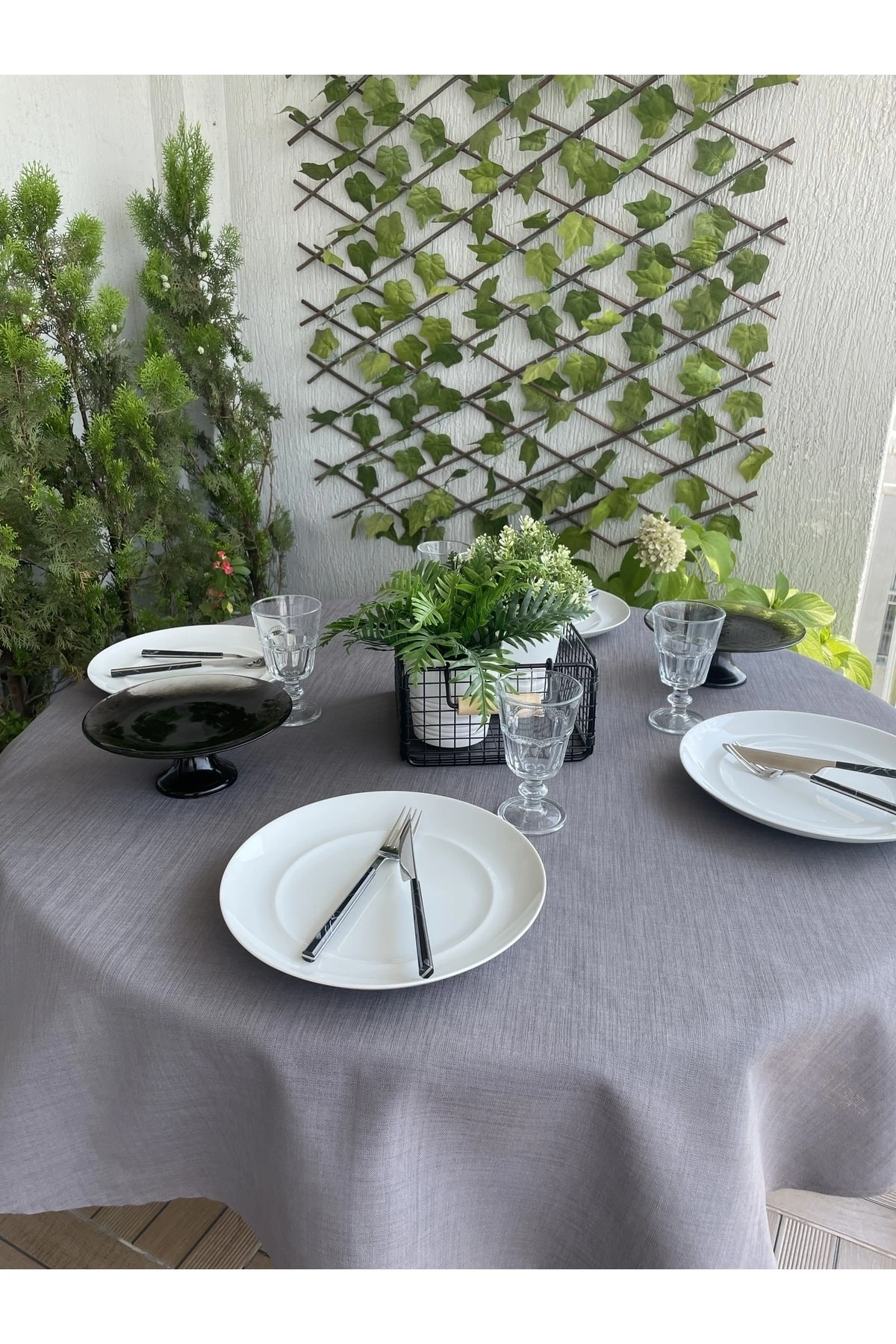 Keten Dokulu Antrasit Füme Yuvarlak Masa Örtüsü