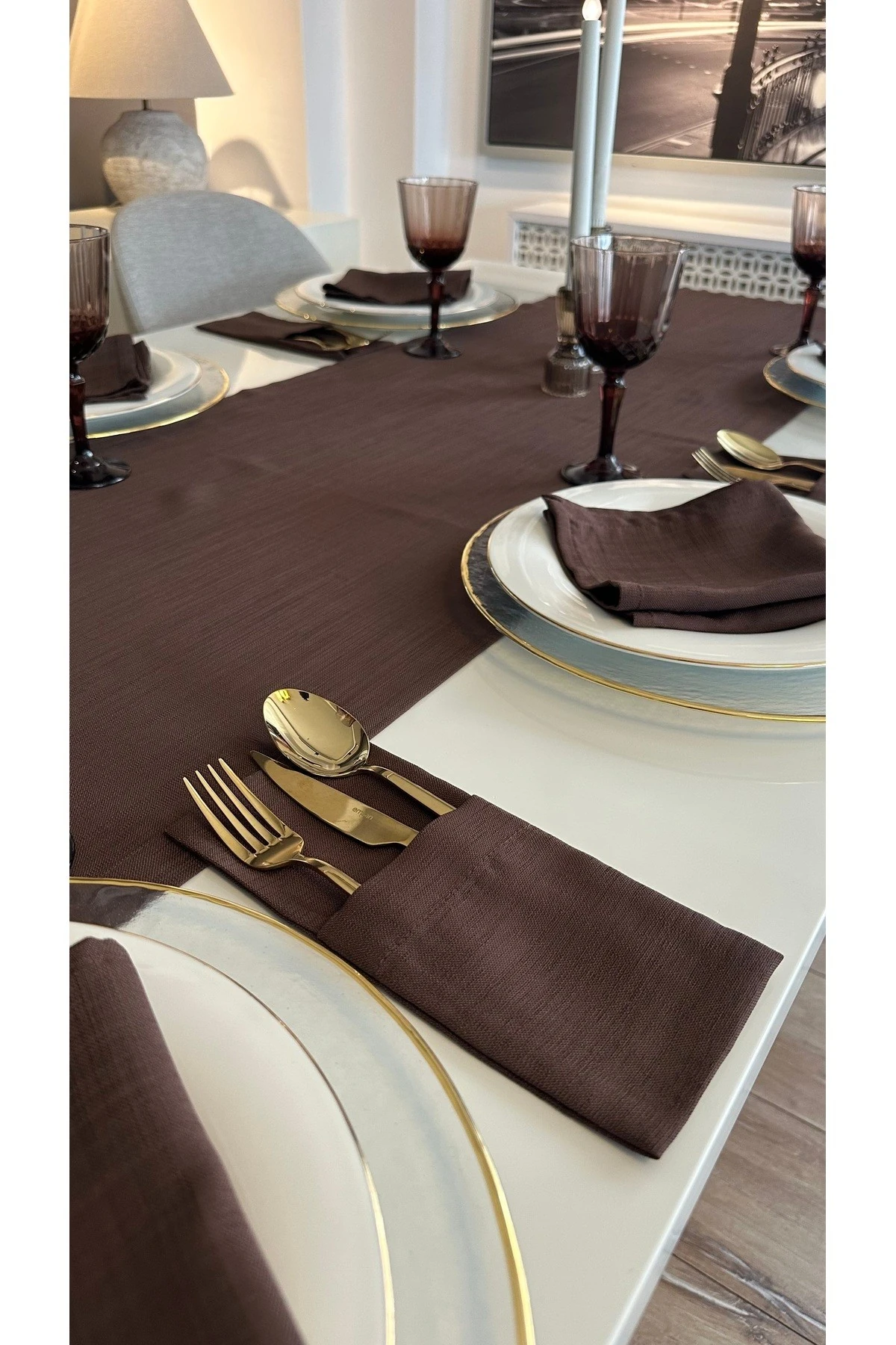 Keten Dokulu Dertsiz Kahverengi Runner