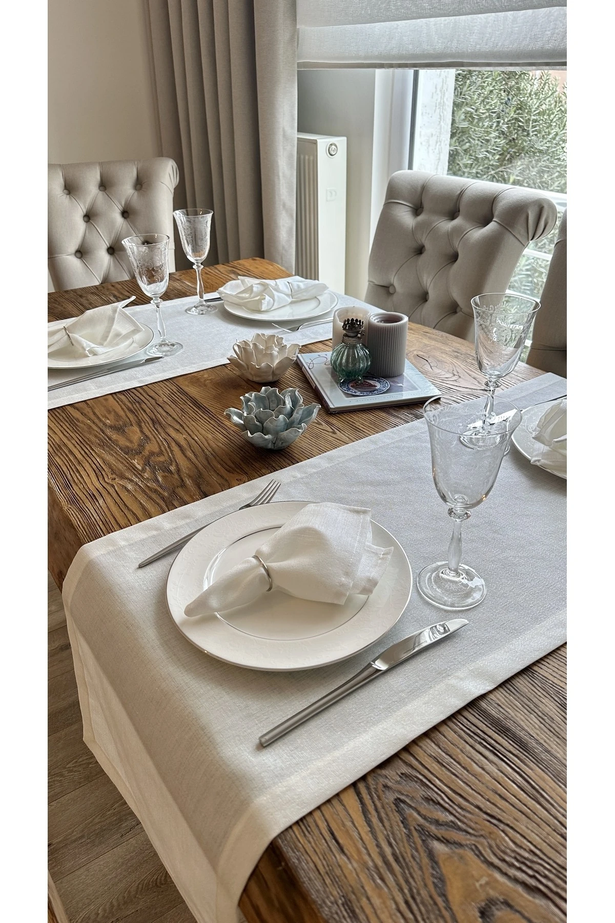 Keten Dokulu Sedef Simli Beyaz Kısa Runner