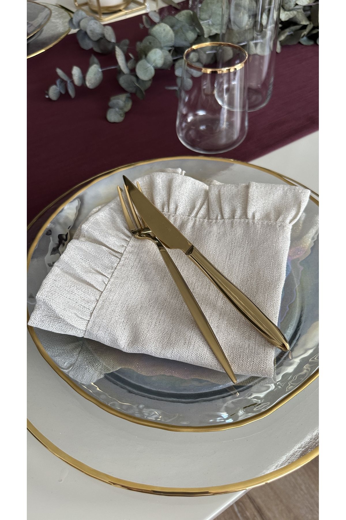 Fırfırlı Gold Simli Ekru Peçete Özel Tasarım Peçete 6 adet