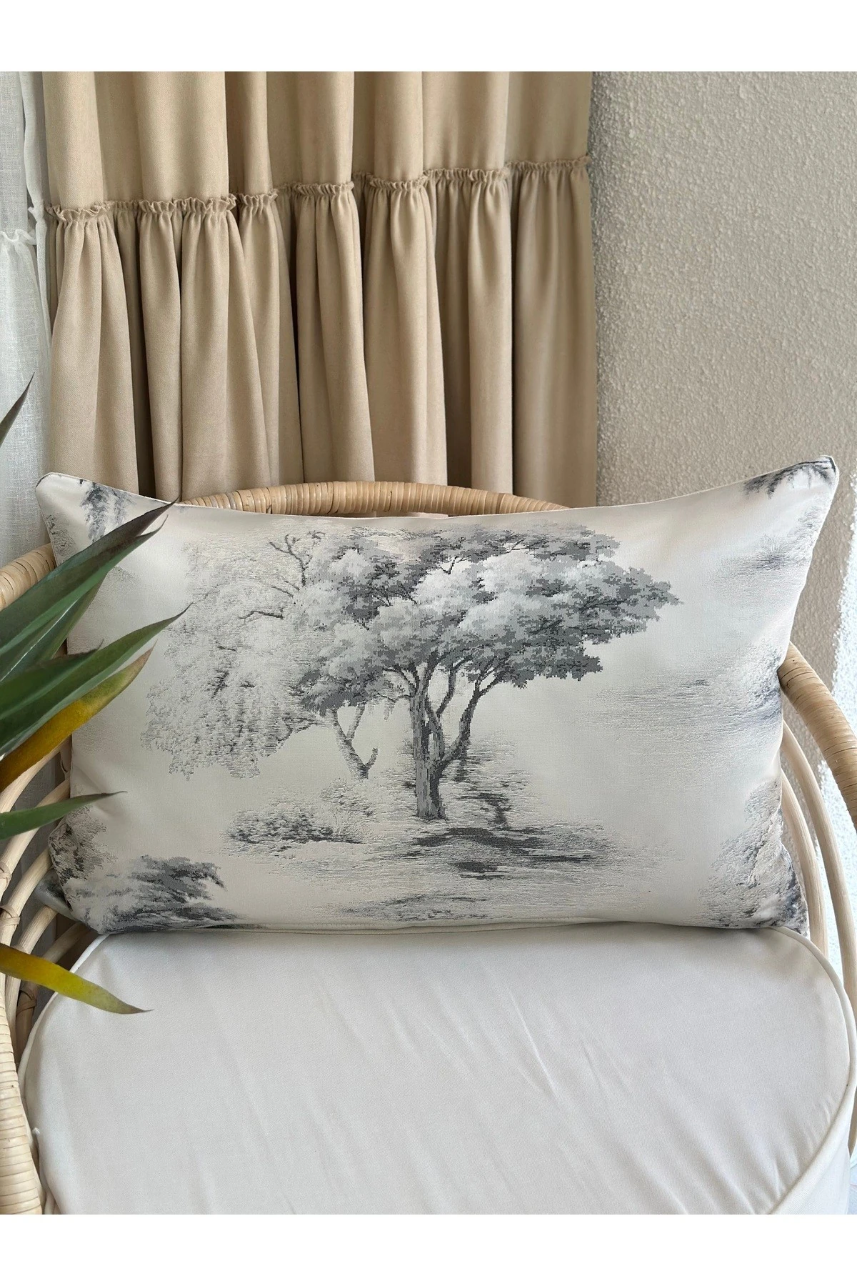 Modern Dokuma Kımaş Salon Platin Gri Ağaç Desenli Salon Kırlent Kılıfı