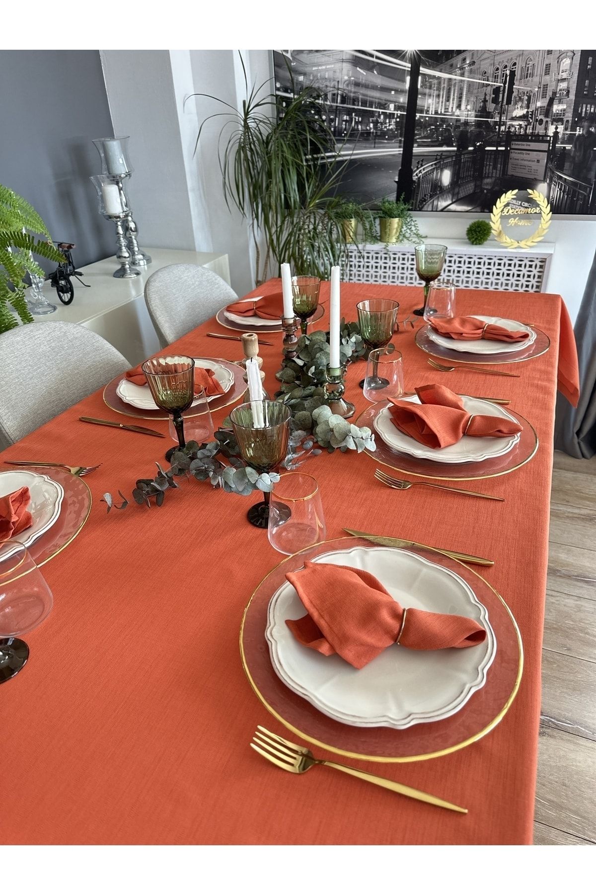 Keten Dokulu Dertsiz Kiremit Yanık Turuncu Tarçın Masa Örtüsü