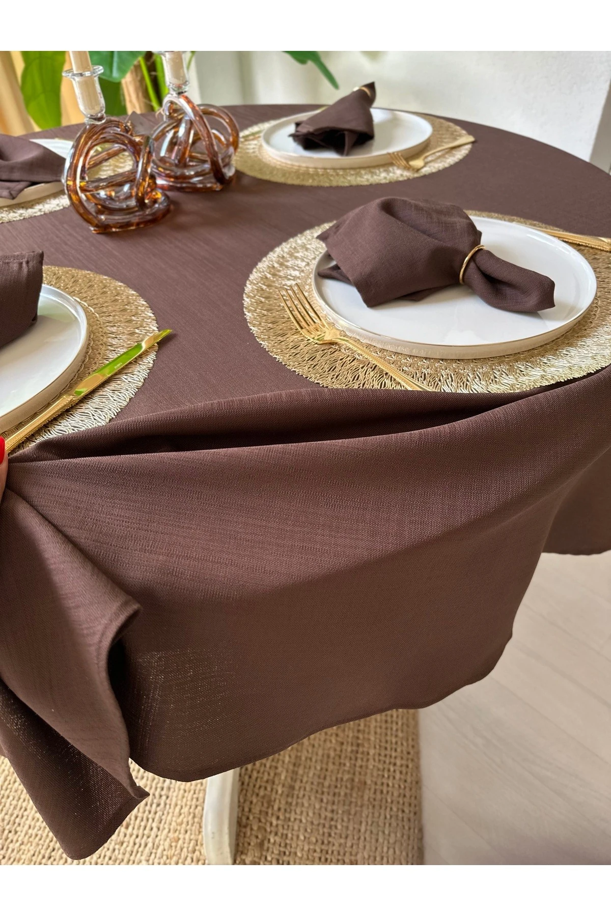 Keten Dokulu Yuvarlak Masa Örtüsü Düz Model - 4
