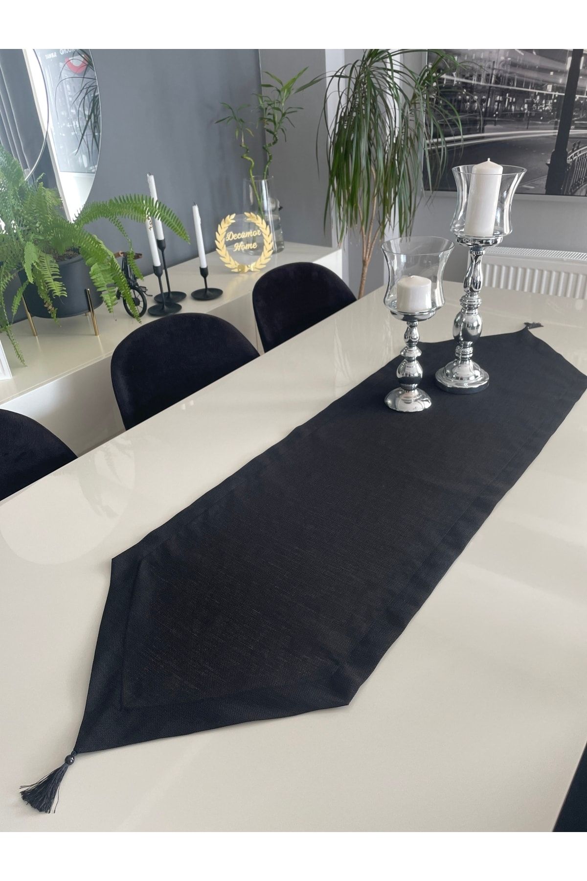 Püsküllü Siyah Keten Runner