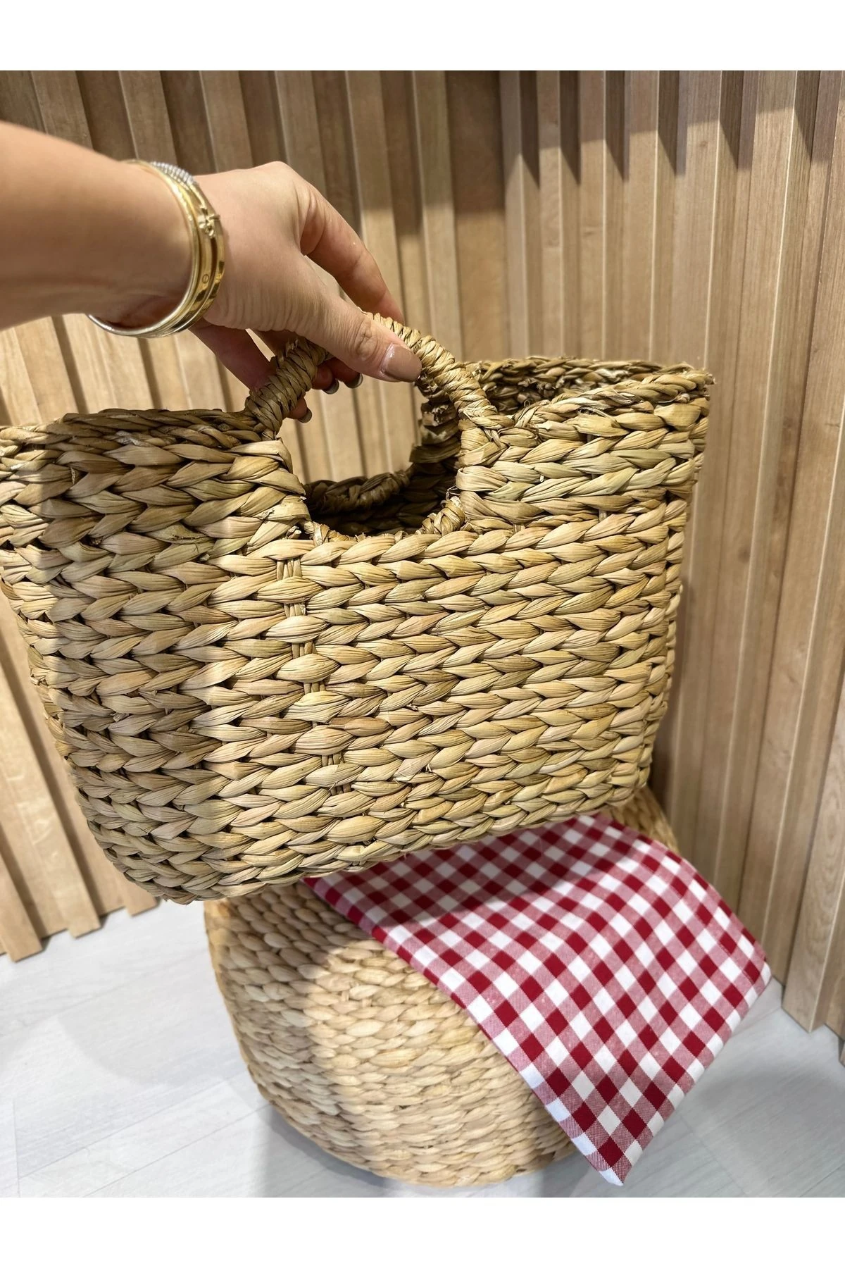 Hasır Dekoratif Çanta Örme Hasır Plaj Çantası Küçük Boy