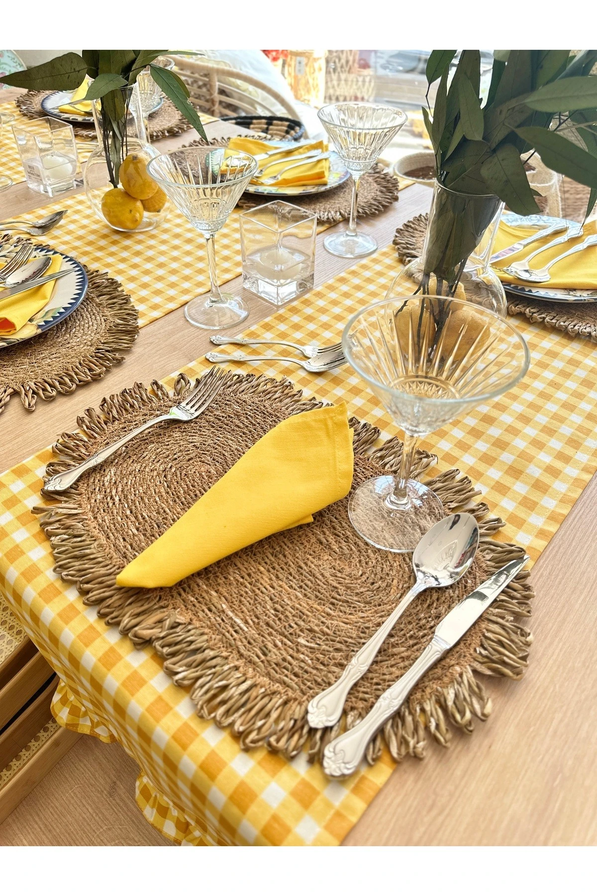 6 ad Set Oval Fırfırlı Hasır Supla ve 6 ad Hasır Peçete Yüzüğü