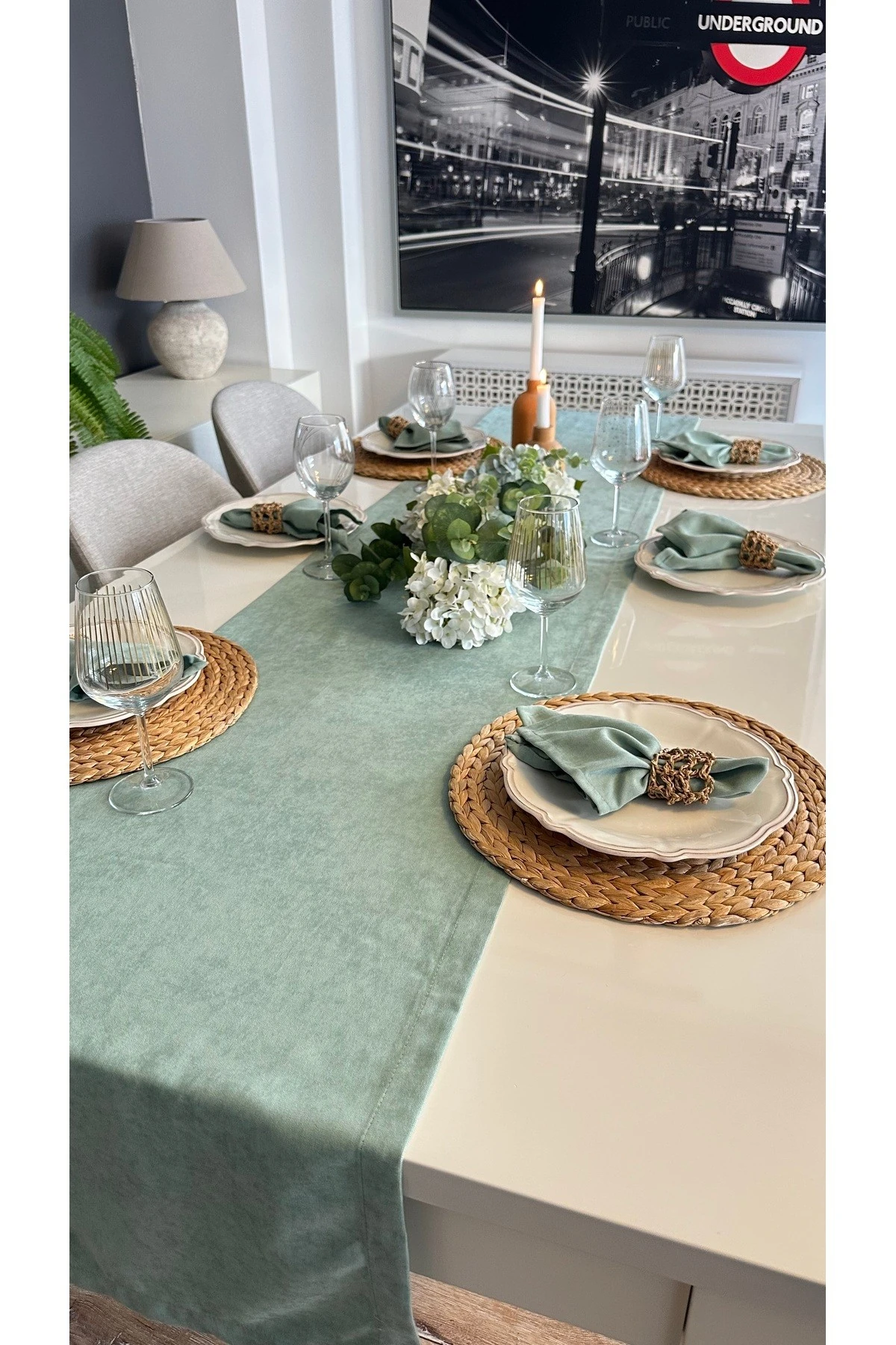 Kadife Dokulu Dertsiz Çağla Yeşil Runner