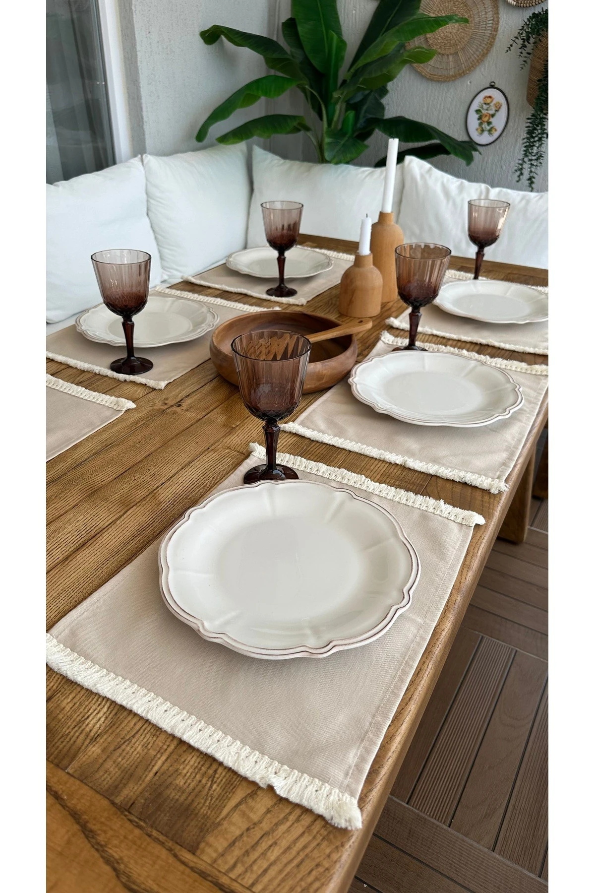 6 ad Püsküllü Bej Amerikan Servis Sunumu Leke Tutmaz