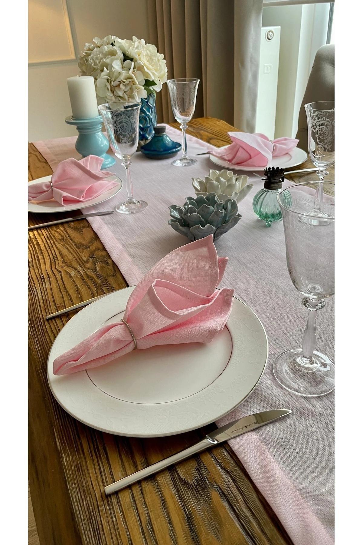 Keten Dokulu Şeker Pembe Peçete Kumaş Peçete 6 Ad