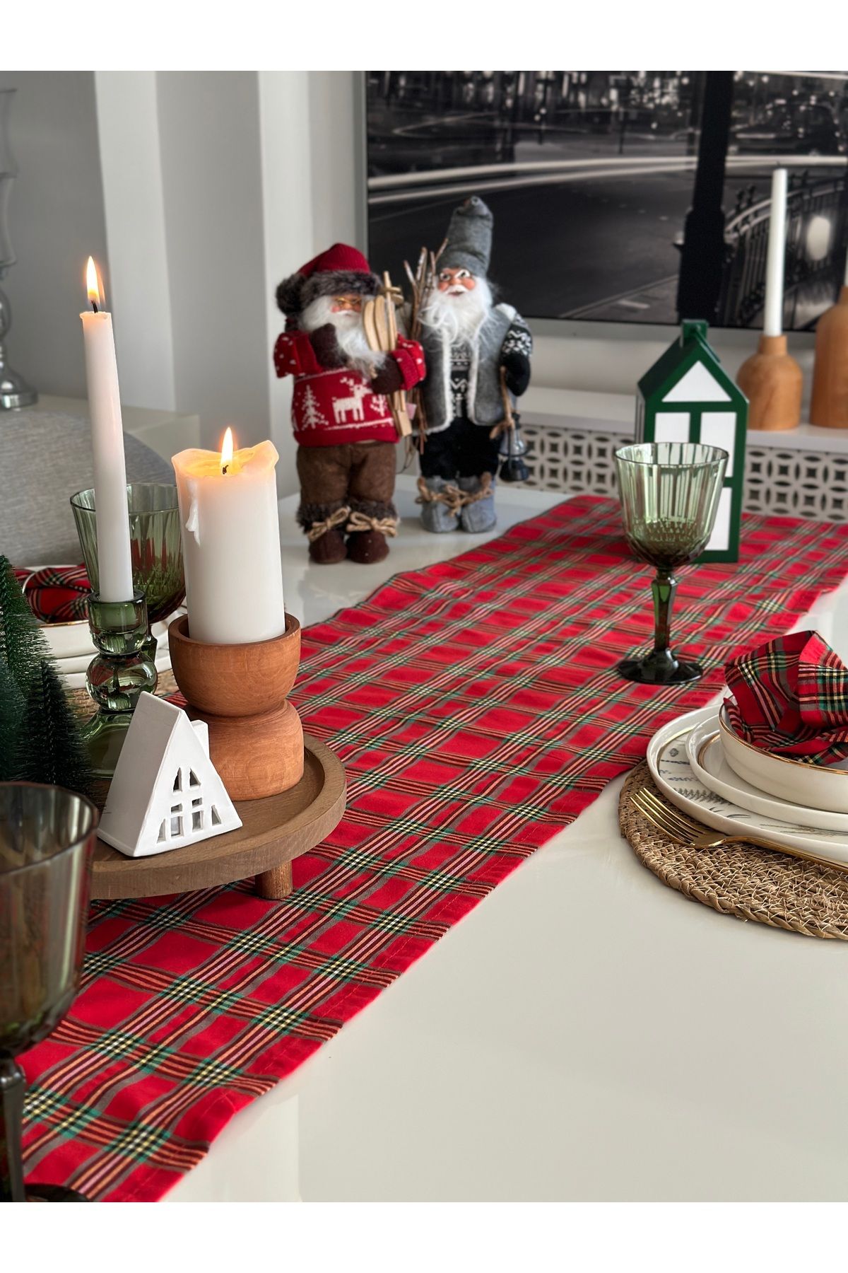 Runner ve Peçete Set Yeni Yıl Temalı Ekose Desen Pamuklu Uzun Runner