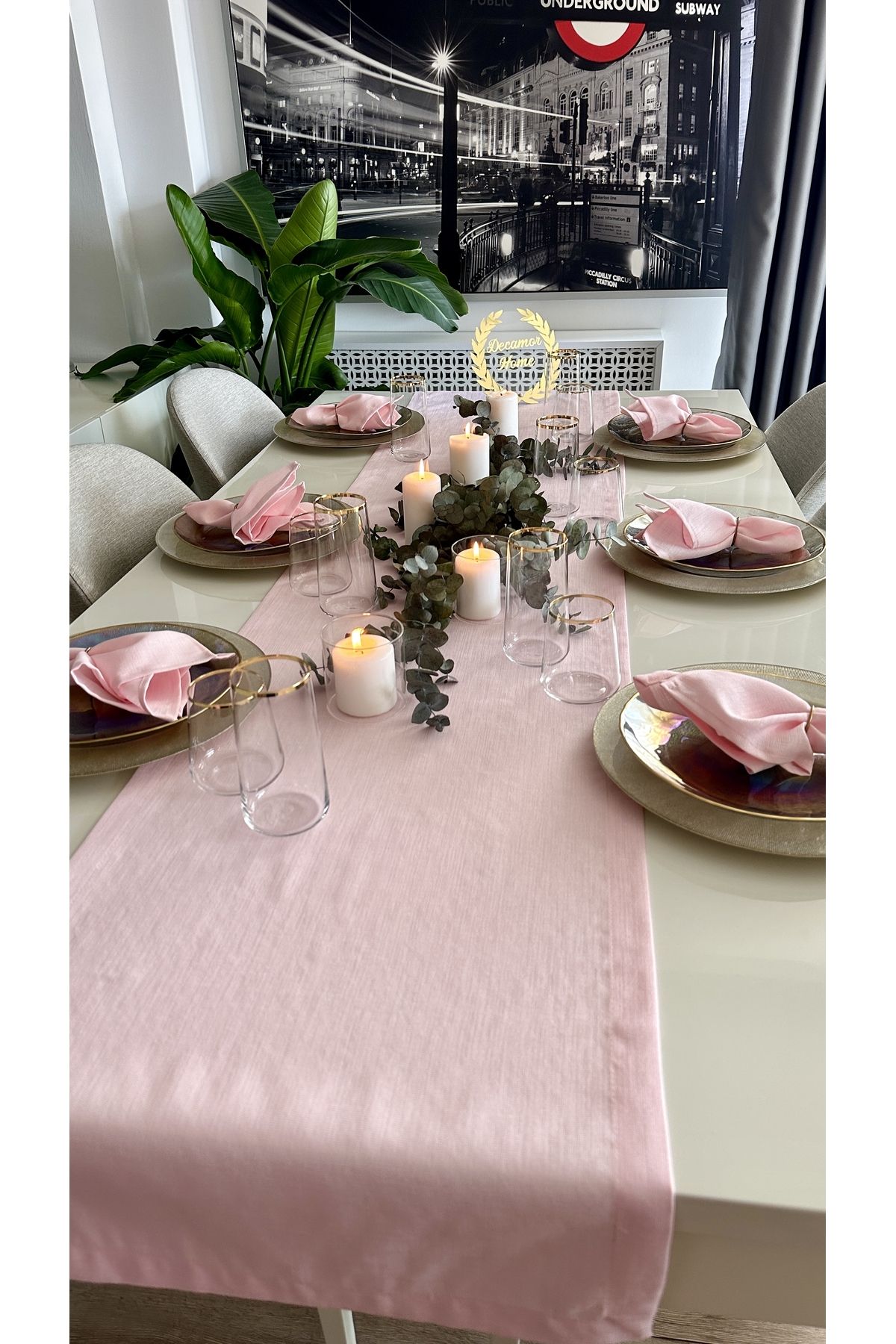 Dertsiz Simli Şeker Pembe Keten Dokulu Runner