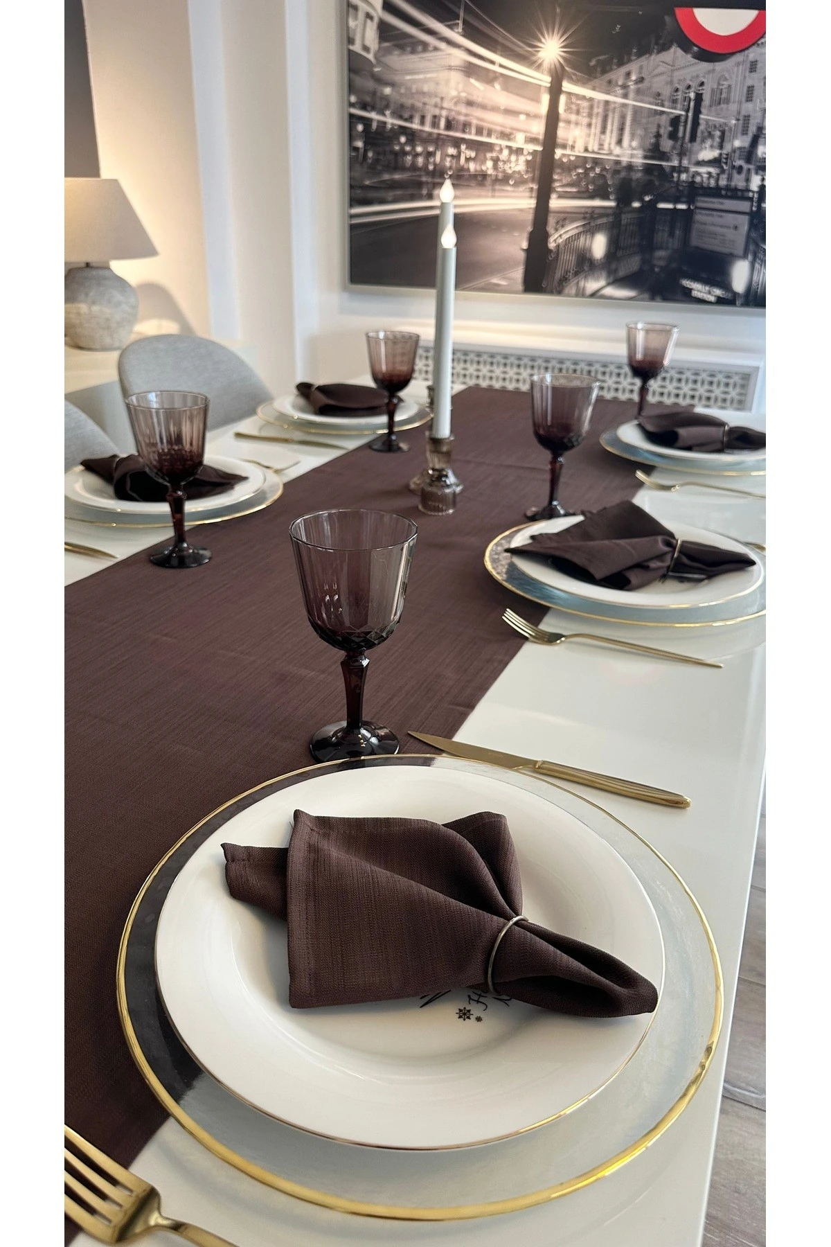 Keten Dokulu Dertsiz Kahverengi Runner