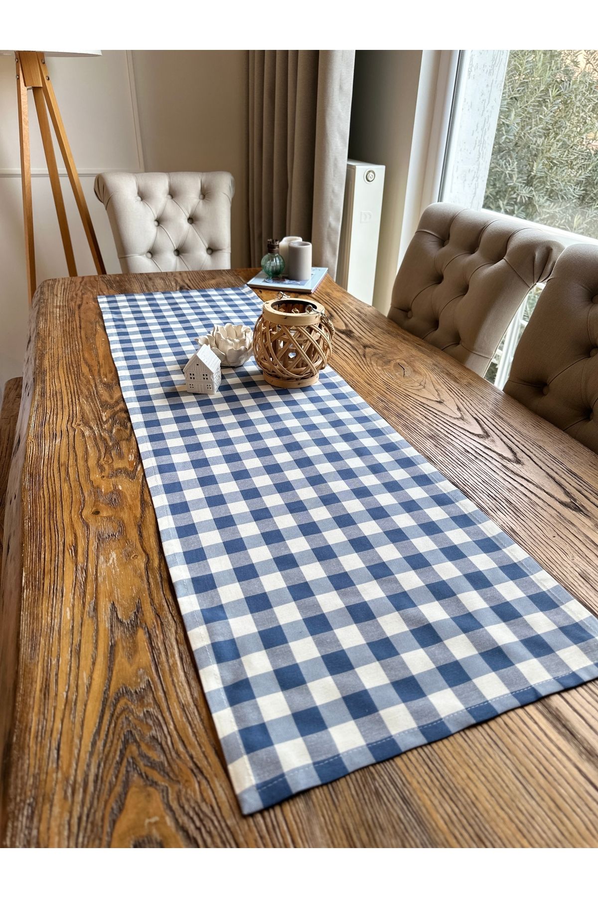 Kareli Mavi Beyaz Keten Dertsiz Runner