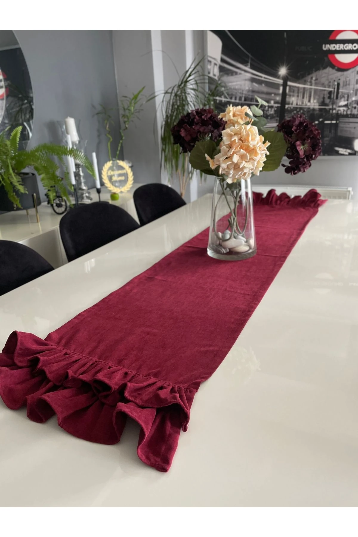 Kadife Doku Bordo Fırfırlı Runner