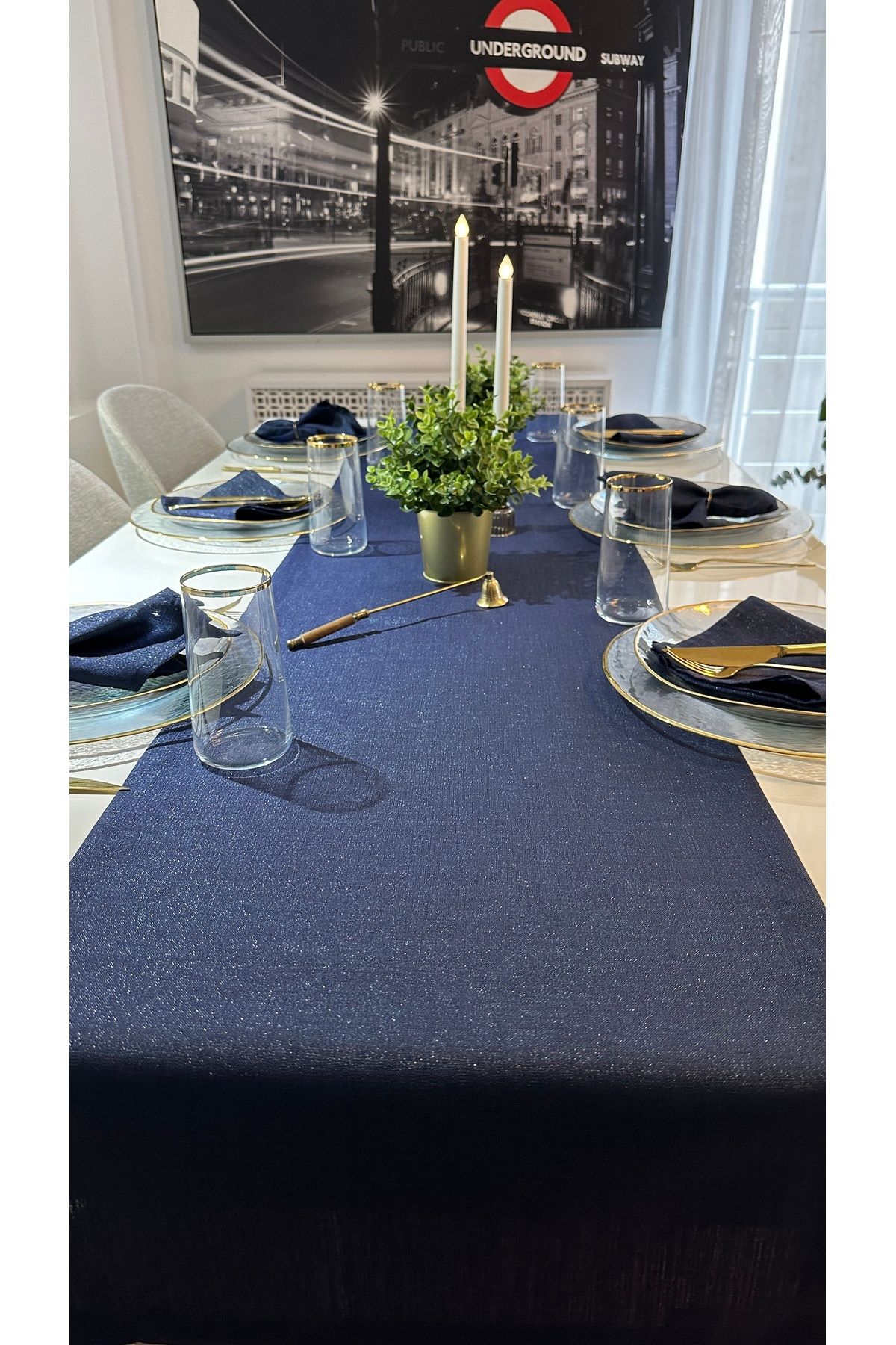 Keten Dokulu Simli Lacivert Uzun Runner