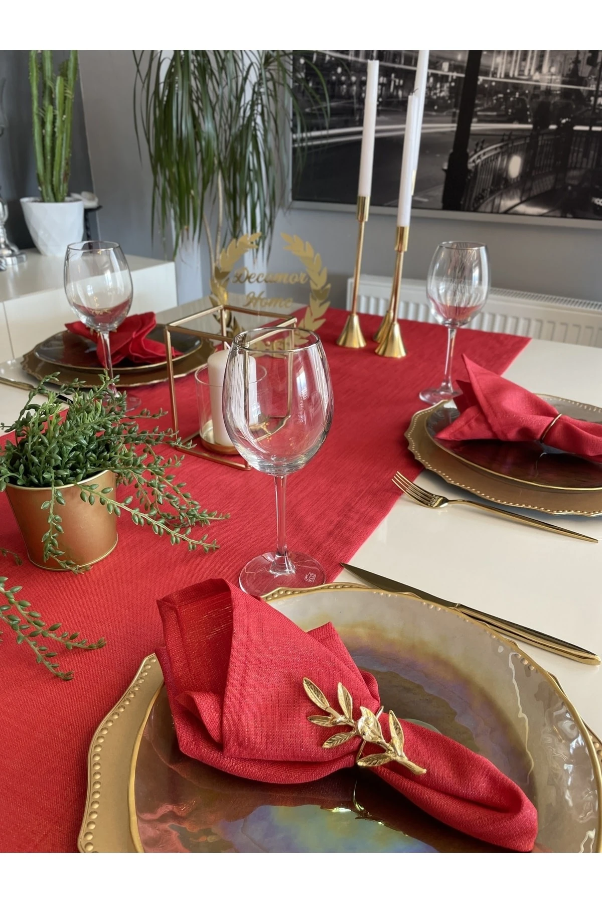 Keten Dokulu Simli Kırmızı Runner Yılbaşı Runner