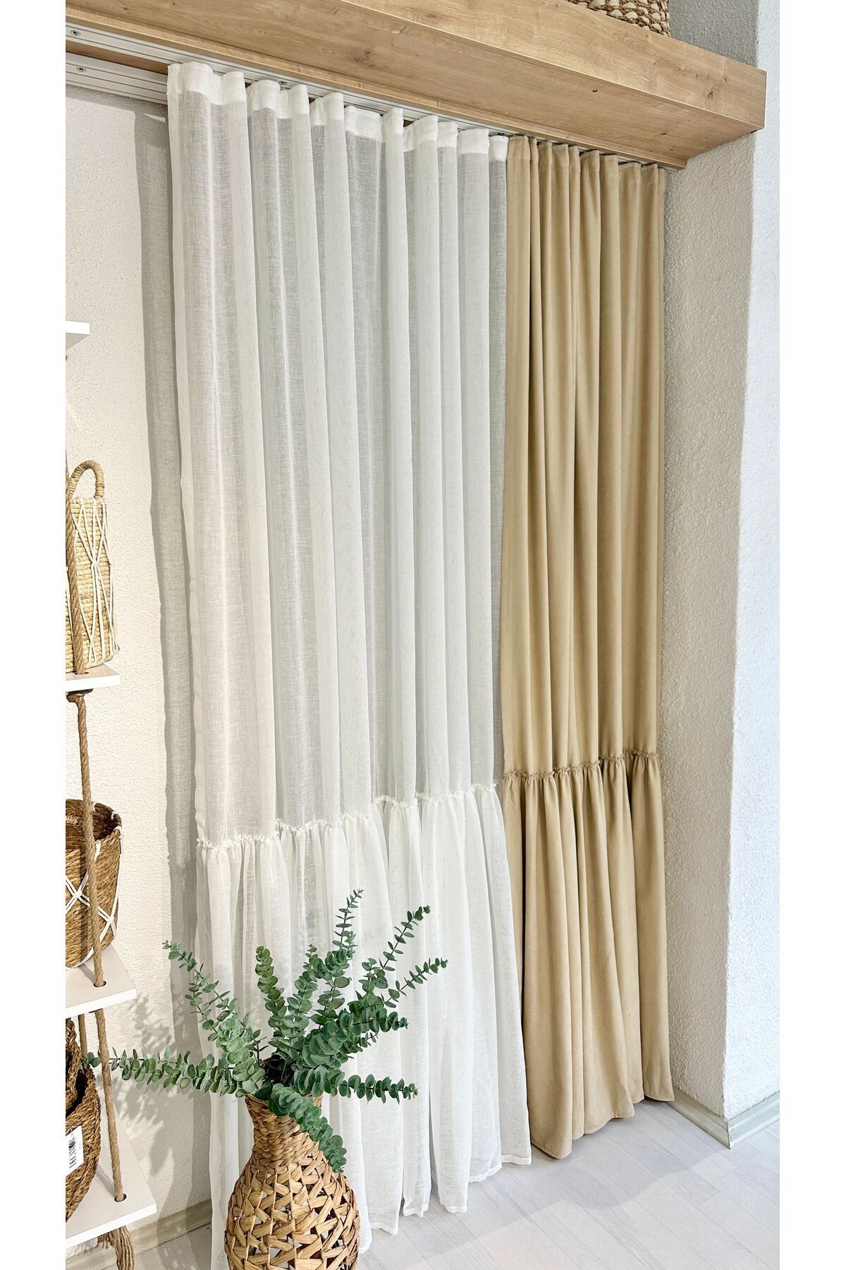 Beyaz Vintage Keten Fırfırlı Tül Perde