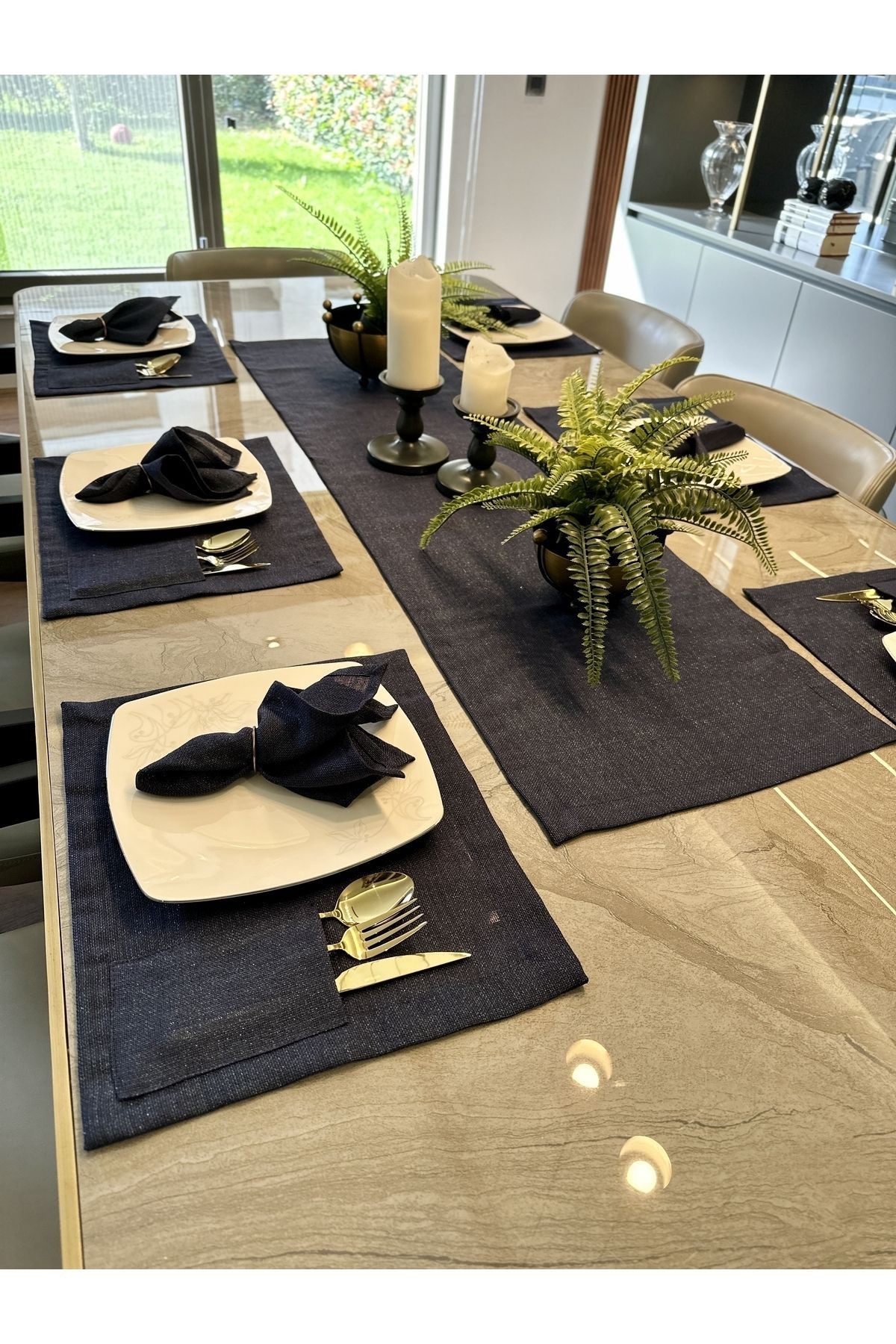 Linen Dertsiz Leke Tutmaz Simli Lacivert Amerikan Runner Set Kaşıklıklı Amerikan Servis