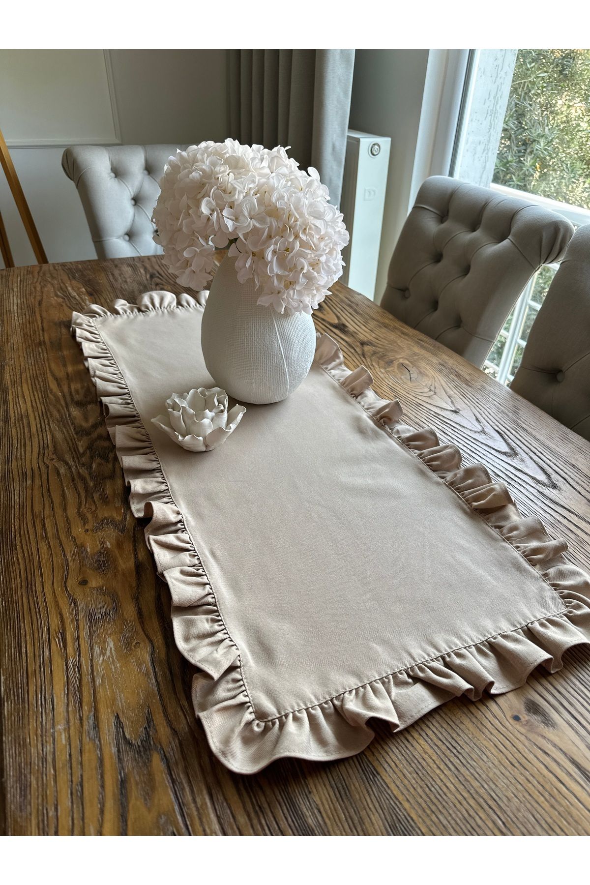 Keten Dokulu Dertsiz Leke Tutmaz Vintage Tam Fırfırlı Bej Runner