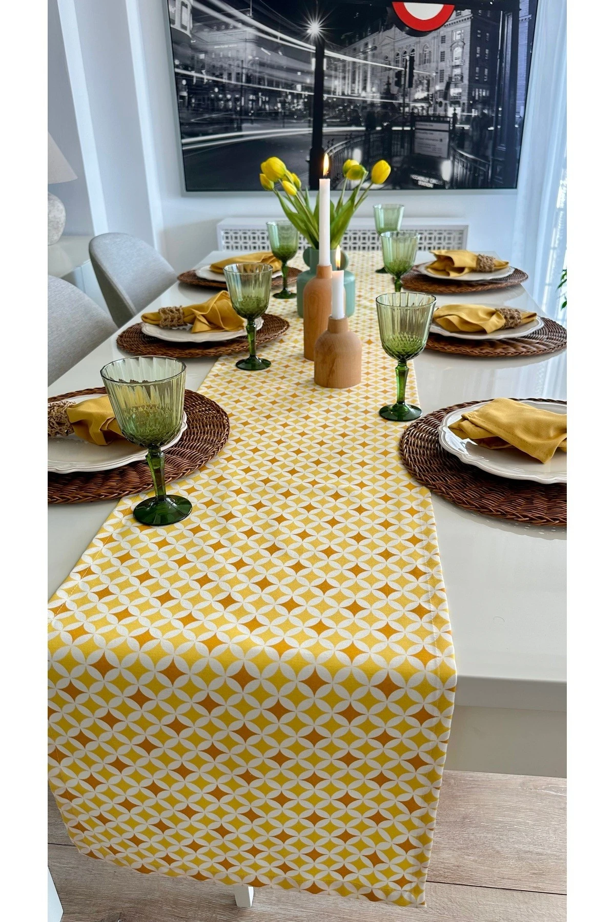 Keten Doku Leke Tutmaz Desenli Runner