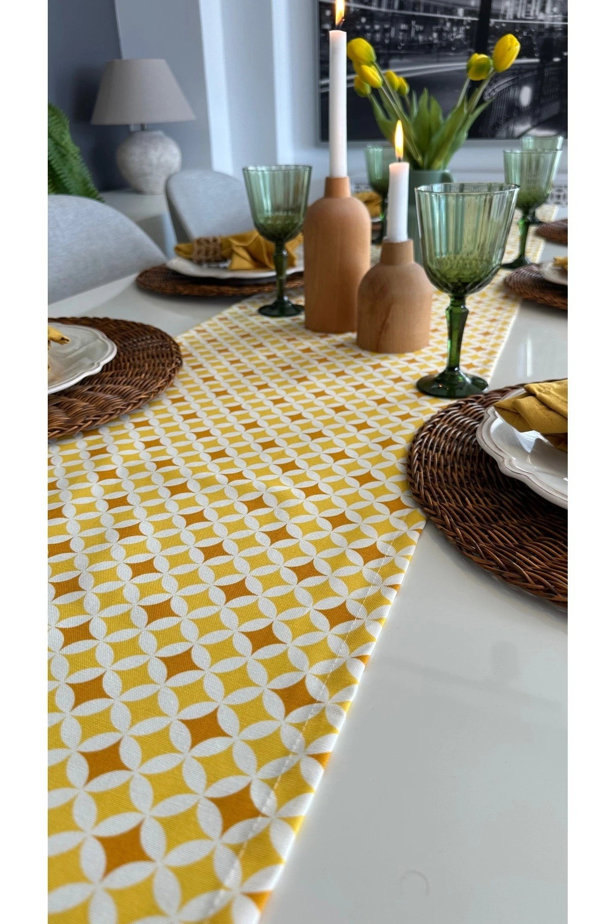 Keten Doku Leke Tutmaz Desenli Runner