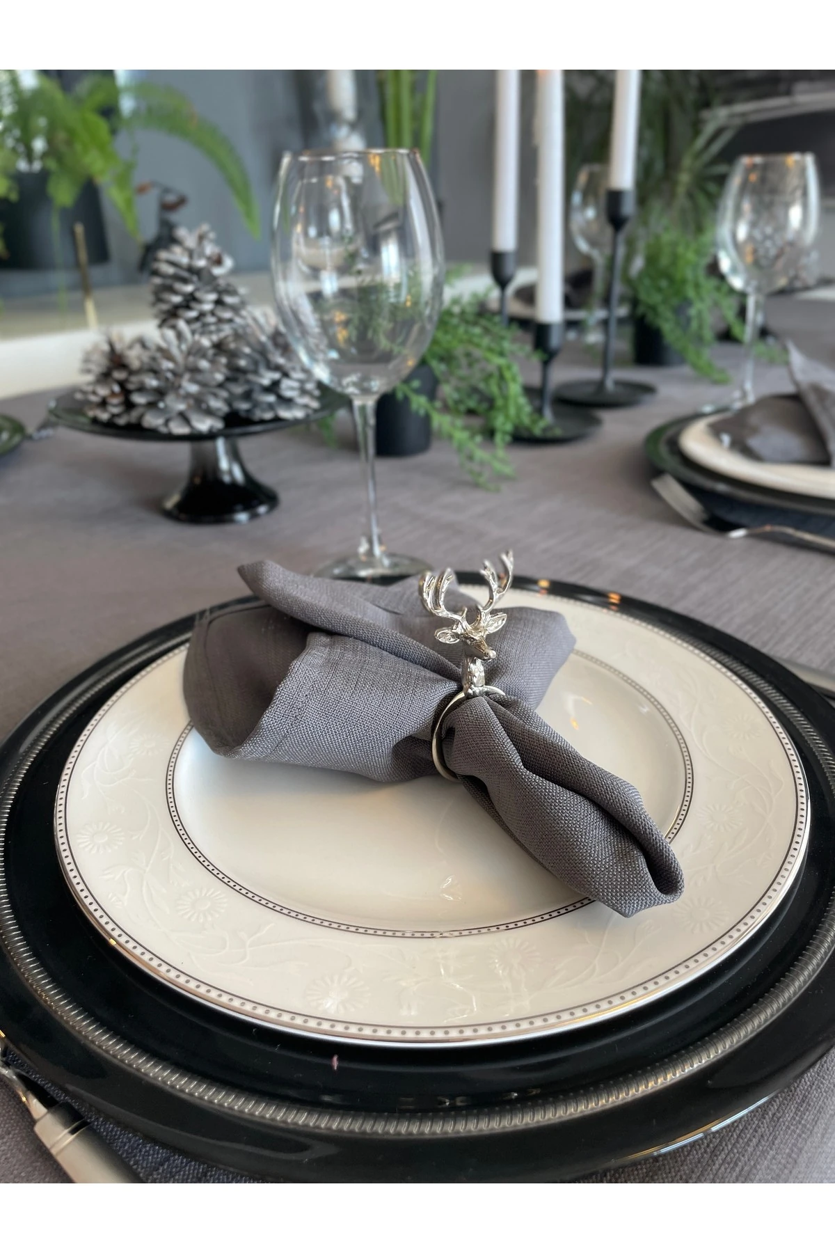 6 'lı Keten Dokulu Füme Gri Peçete Kumaş Peçete