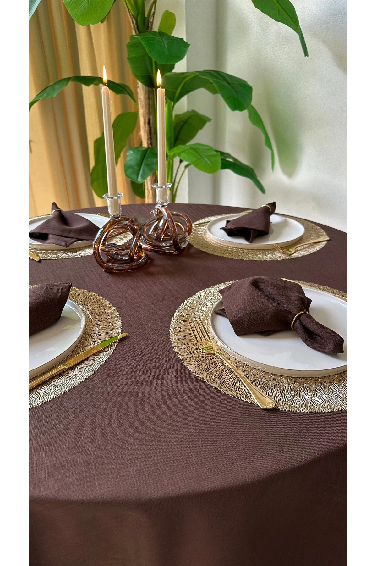 Keten Dokulu Yuvarlak Masa Örtüsü Düz Model - 4