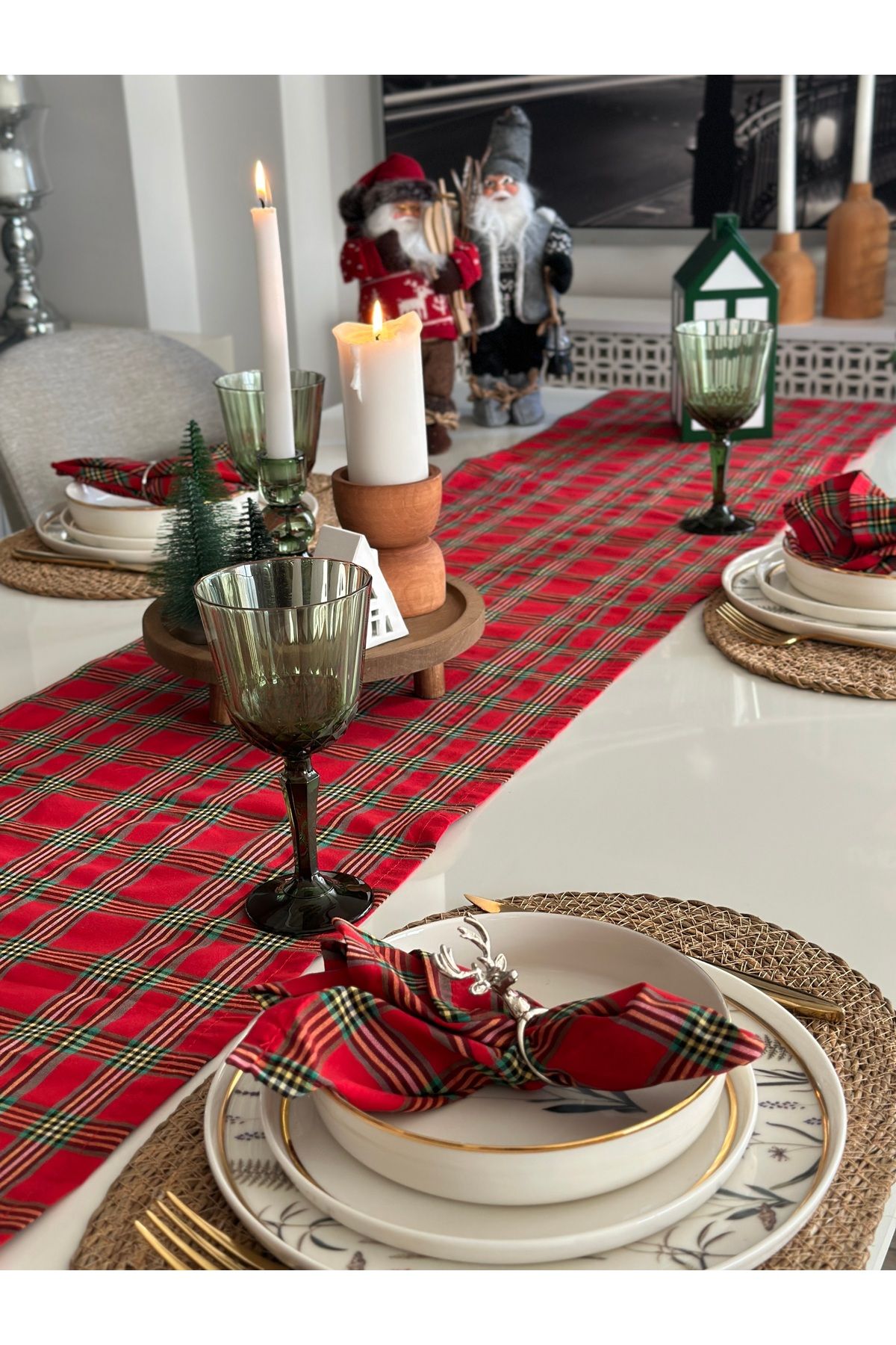 Runner ve Peçete Set Yeni Yıl Temalı Ekose Desen Pamuklu Uzun Runner