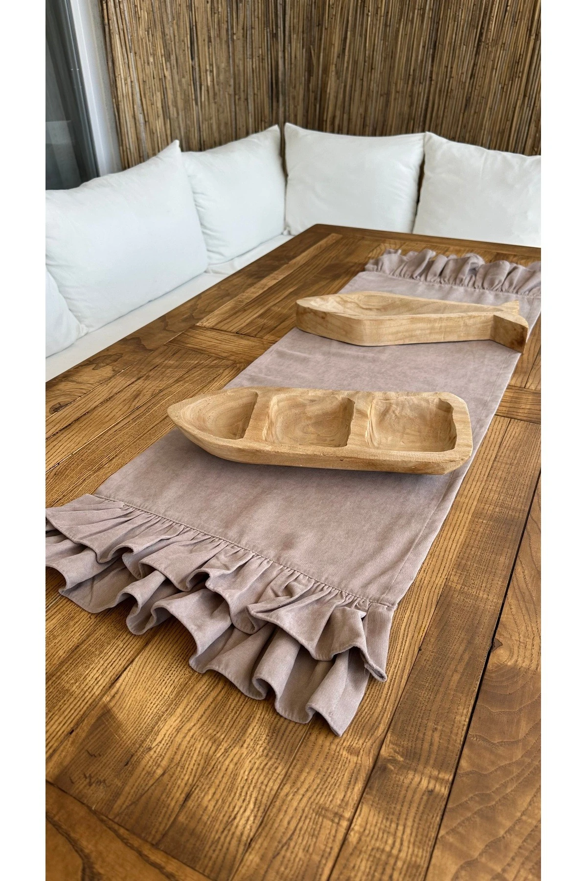 Vintage Kadife Dokulu Dertsiz Çift Kat Fırfırlı Kahverengi Runner