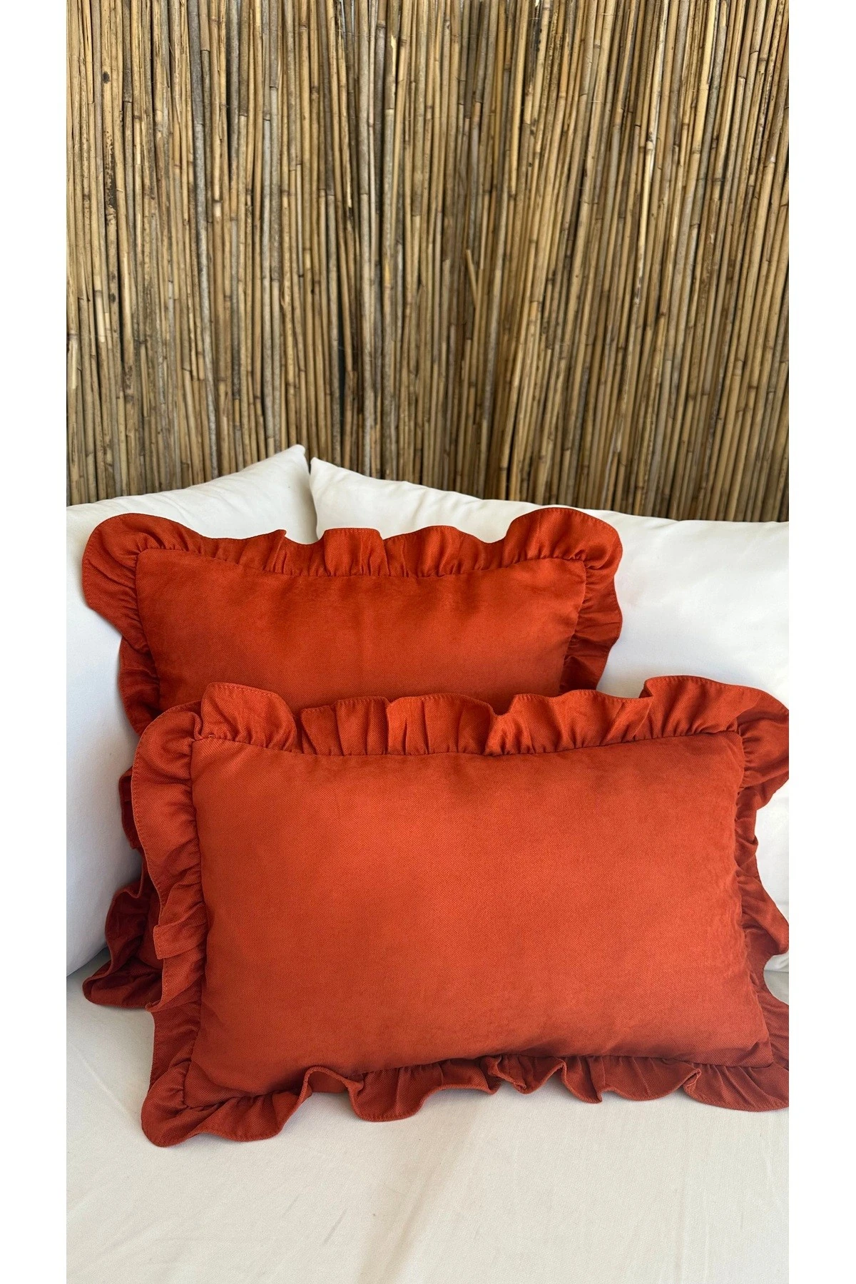 Vintage Fırfırlı Koyu Kiremit Kırlent Kılıfı 1 ad