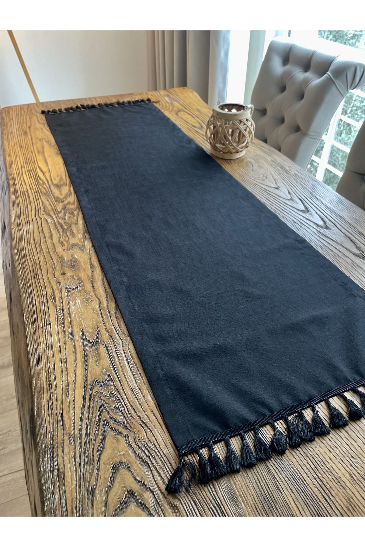 Püsküllü Siyah Runner Keten Püsküllü Runner