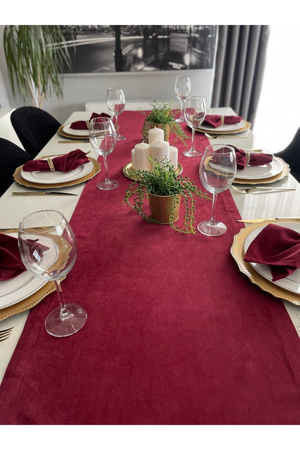 Kadife Dokulu Dertsiz Uzun Bordo Runner