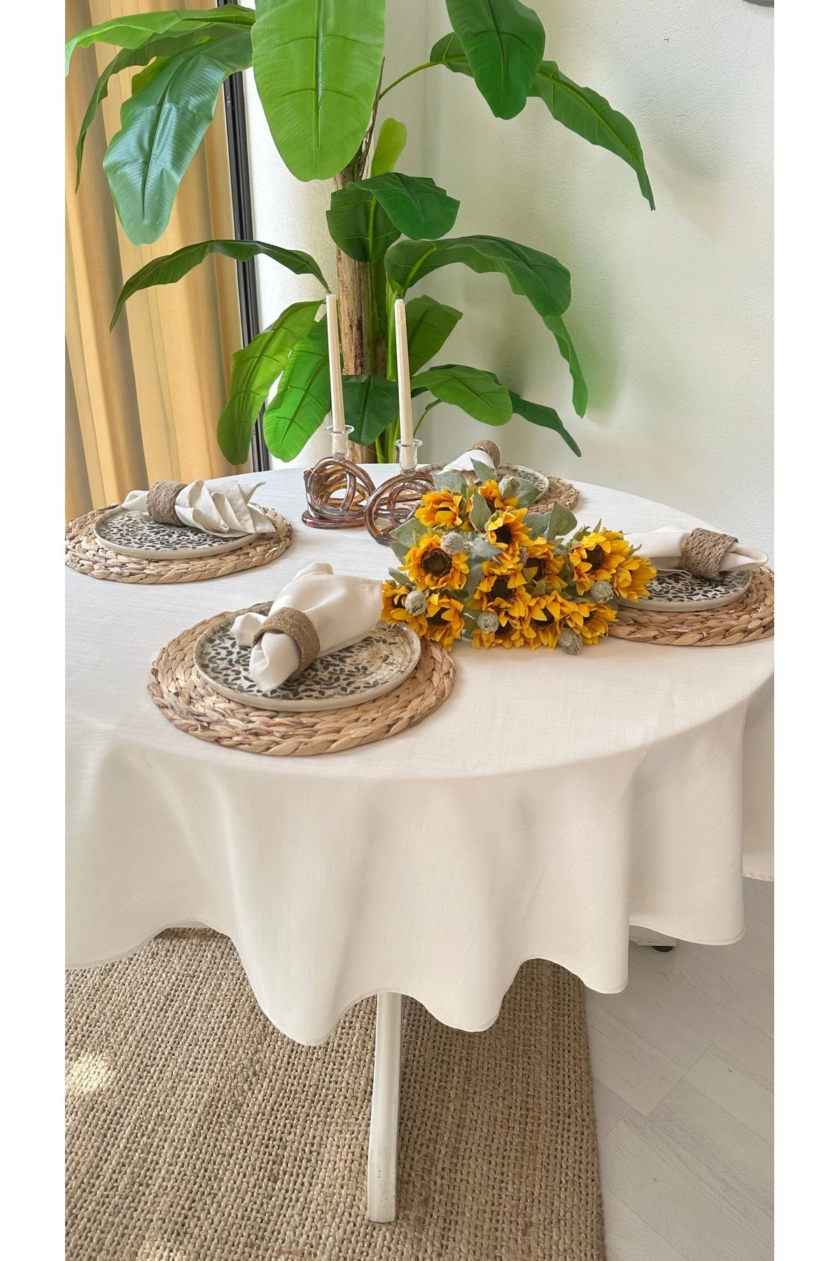Keten Dokulu Yuvarlak Masa Örtüsü Düz Model - 5