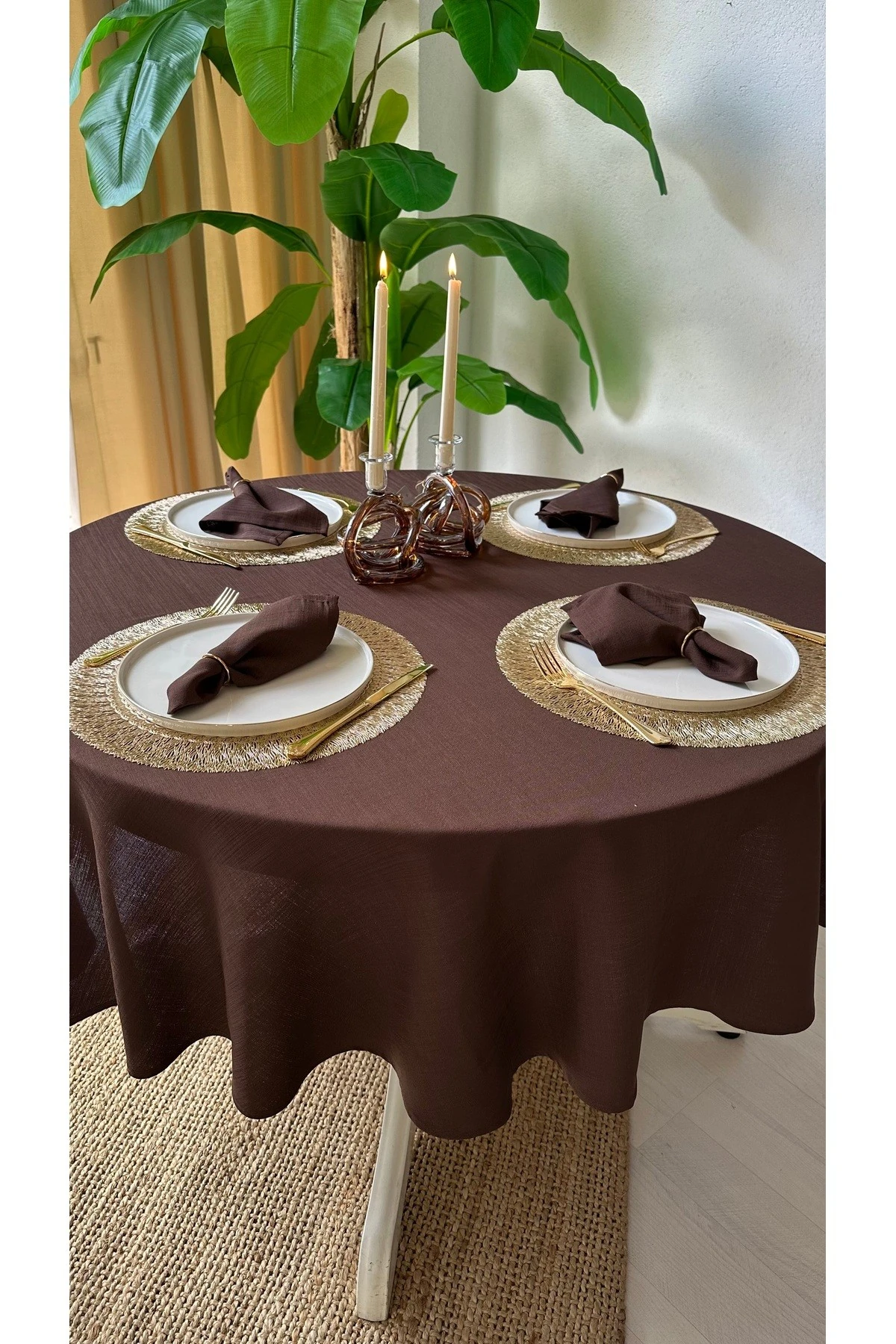 Keten Dokulu Yuvarlak Masa Örtüsü Düz Model - 4