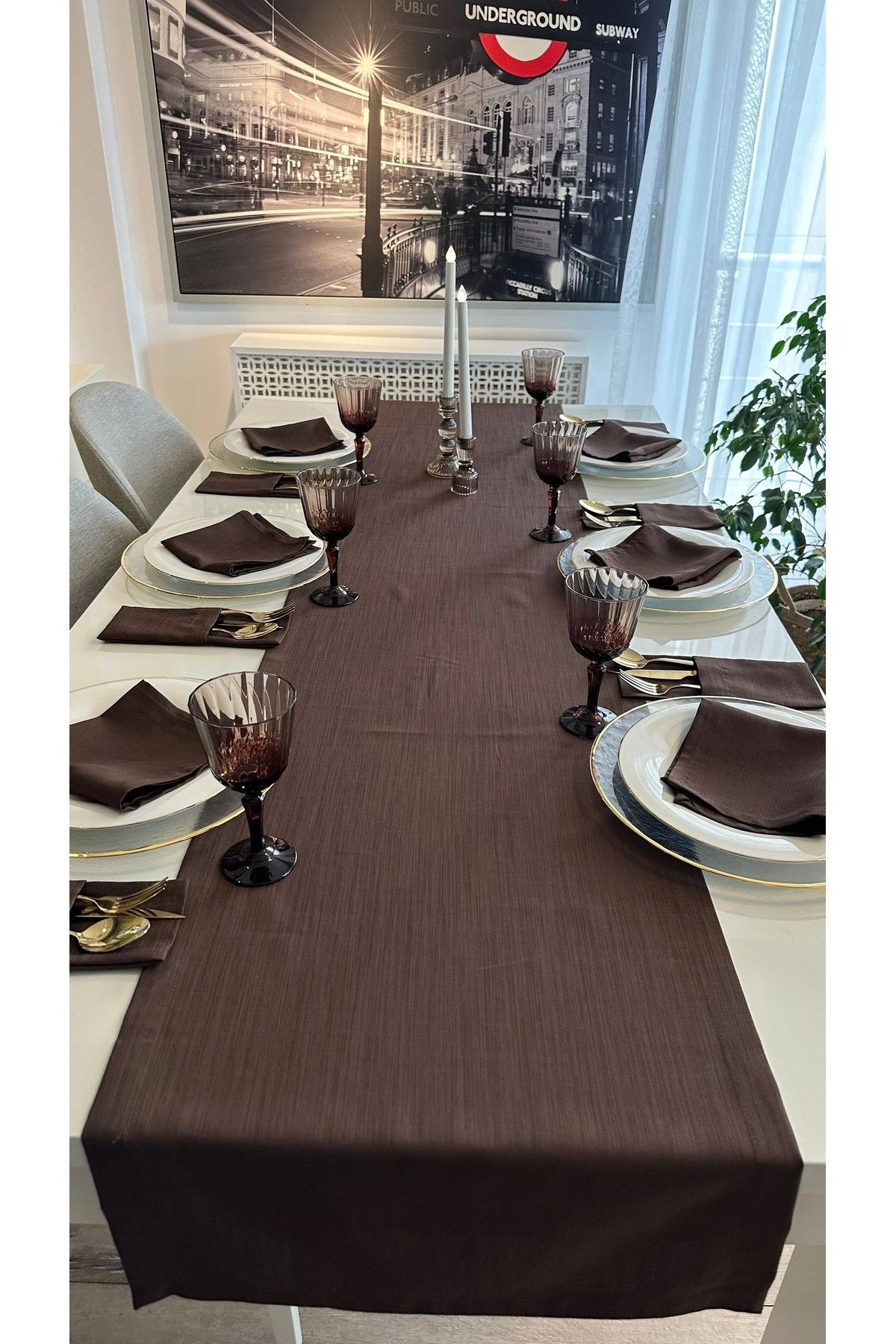 Keten Dokulu Dertsiz Kahverengi Runner